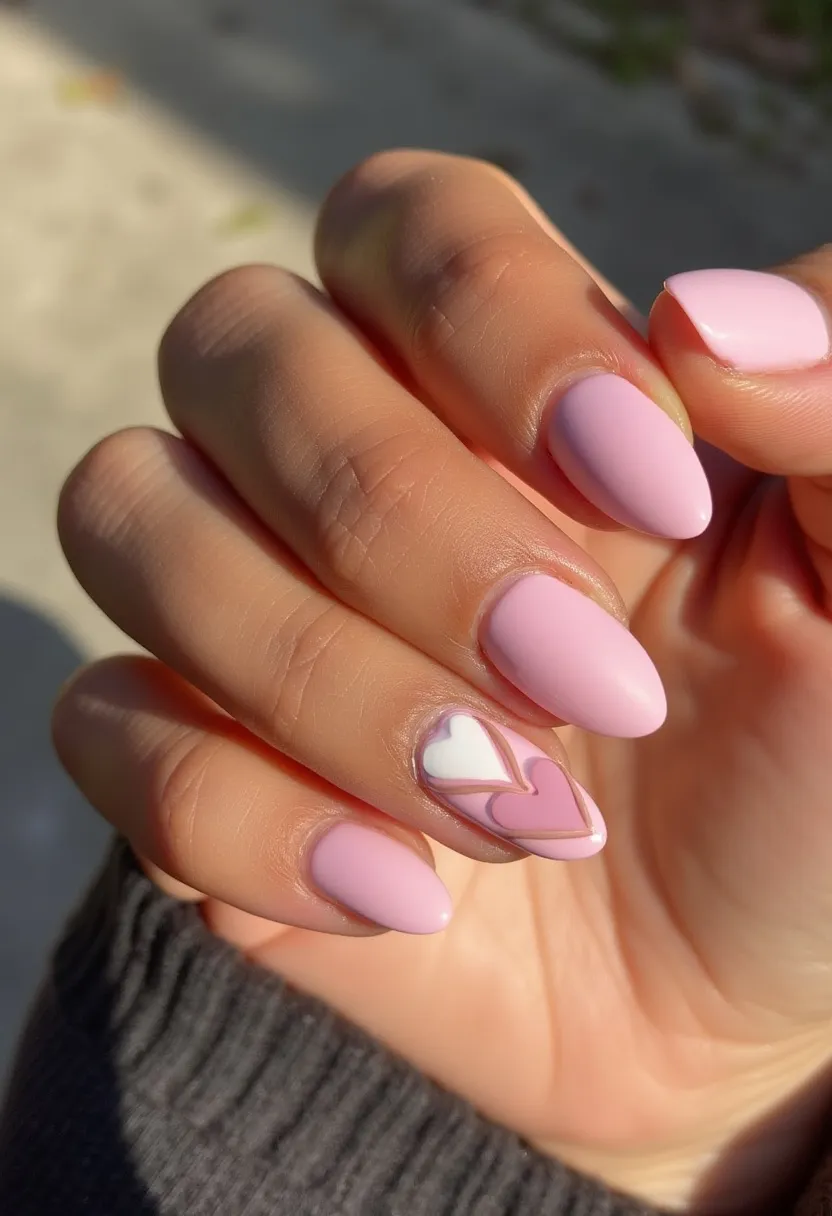 The nail design features a soft, pastel pink color palette applied across almond-shaped nails, likely created with gel polish for its glossy and durable finish. The ring finger showcases an intricate design with two overlapping hearts; the top heart is white, and the lower one is the same pastel pink, bordered with a fine gold outline that adds a touch of elegance. This design gives off a romantic and delicate feel, potentially suitable for events like Valentine's Day or other special occasions where a soft, loving aesthetic is desired.