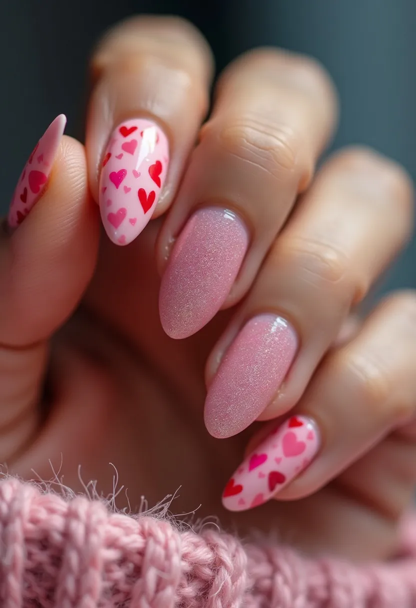 The nail design showcases an almond shape and utilizes a soft pink color palette, incorporating both solid and patterned elements. The nails alternate between a shimmery pink finish and a charming heart pattern in various shades of red and pink on a pale pink background. This intricate design suggests a gel or shellac treatment, given its glossy and smooth appearance. The heart motifs evoke associations with romantic themes, making it particularly suitable for special occasions like Valentine's Day. The combination of sparkle and sweet heart details adds a delicate, festive touch to the overall look.