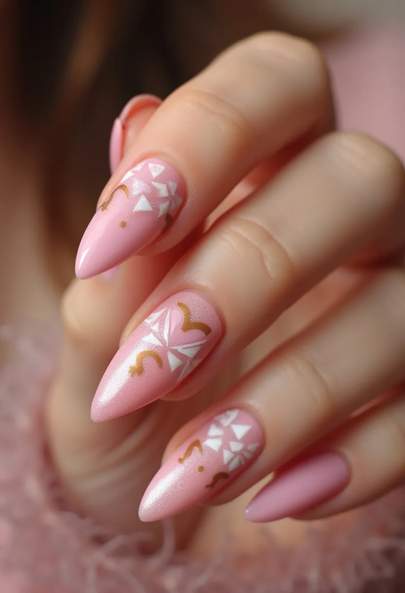 The nail design features a delicate pastel pink as the main color, conveying a soft and feminine aesthetic. The nails are shaped into a pointed, stiletto style which enhances the elegance of the look. Intricate white geometric patterns resembling broken glass or mosaic tiles and gold decorative accents adorn the nails, adding a touch of sophistication and luxury. These nails appear to have a glossy finish, suggesting the use of gel or acrylic for a sleek and durable appearance. The overall design appears versatile enough for both everyday wear and special occasions, perhaps aligning well with spring or summer themes due to the light color palette and charming details.