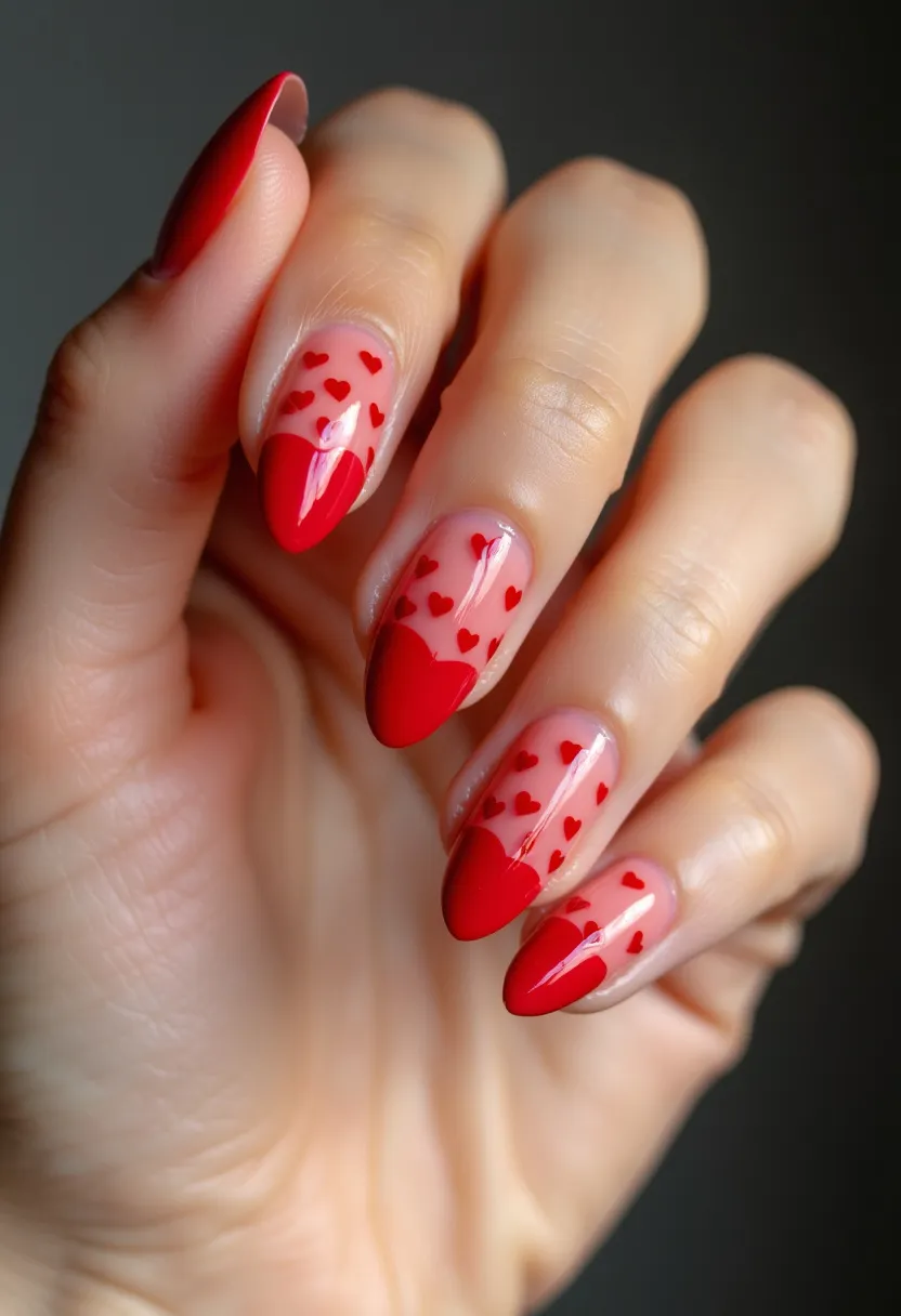 The nail design features a vibrant red color palette on a stiletto-shaped nail. The design incorporates a classic French tip style with a twist, using a bold red color for the tips, which are shaped like a heart to match the overall love theme. Subtle yet intricate tiny red heart patterns adorn the base of the nails, creating a charming and romantic touch suitable for Valentine's Day or other romantic occasions. The nails appear to use a gel treatment, providing a glossy and polished finish. The uniform heart motifs and sharp stiletto shape emphasize a contemporary, stylish aesthetic while celebrating love and affection.