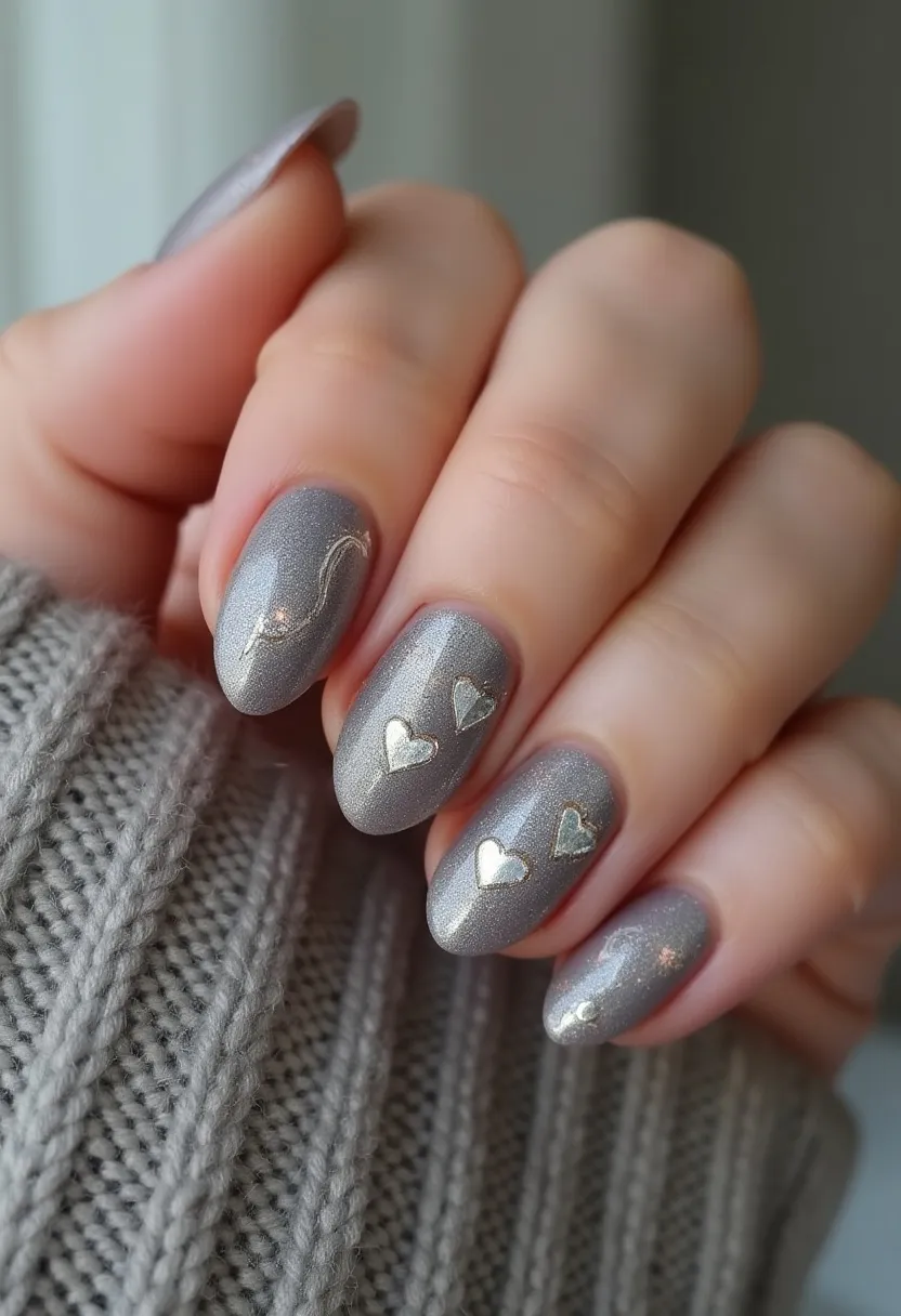 This nail design features a cohesive and sophisticated look with a metallic, shimmering silver color palette. The nails are of medium length and shaped in an almond style, offering a sleek and elegant appearance. Intricate patterns and decorations include small, silver heart embellishments on three of the nails, and a subtle, wavy swirl design on another. The nails appear to be finished with a gel treatment, providing a glossy and durable shine. The metallic silver hue combined with the delicate heart and wavy designs makes this nail art suitable for romantic or celebratory occasions, adding a touch of festive charm to the overall look.