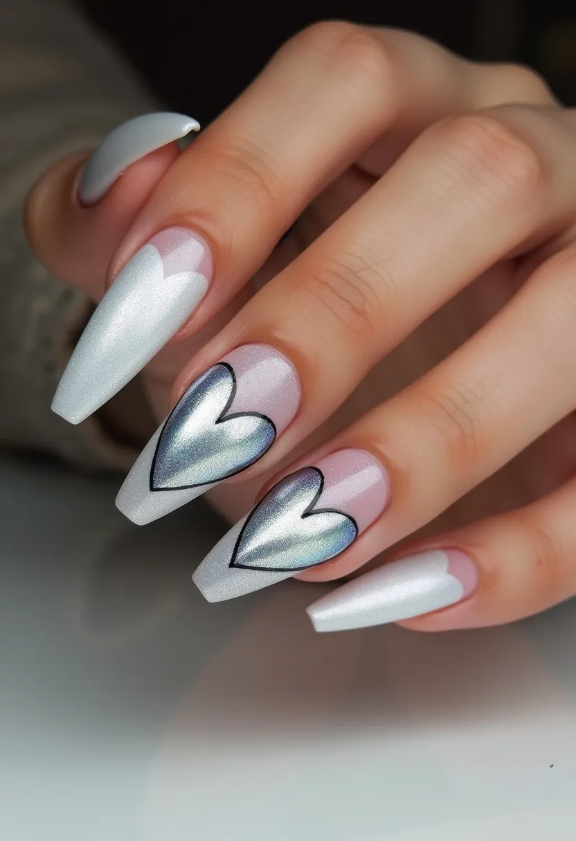 The nail design features a sophisticated palette of shimmering white and soft pink, complemented by chrome accents. The nails are shaped into a sharp, elongated stilettos, adding a dramatic flair. Intricate heart patterns are a standout, outlined with a black border and filled with a chrome-like finish, giving them a metallic sheen. The use of gel polish ensures a glossy, smooth finish that enhances the reflective qualities of the design. The combination of colors and heart motifs suggests a romantic theme, suitable for special occasions like Valentine's Day or anniversaries. The overall look is elegant, modern, and meticulously detailed.