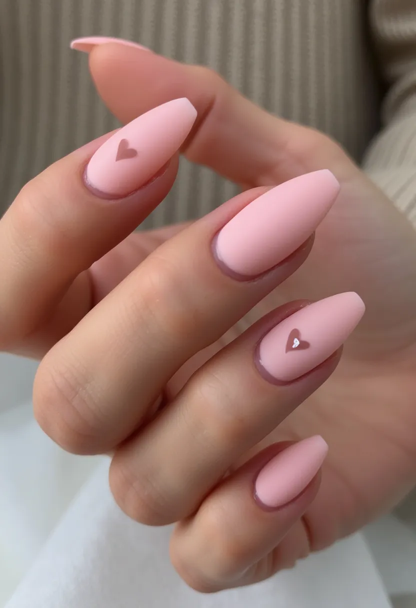 The nail design features a soft, pastel pink color palette, ideal for a subtle and elegant look. The nails are shaped in a medium-length almond shape, providing a sophisticated and refined appearance. Each nail is adorned with a small heart detail near the cuticle area, with some hearts filled and others outlined. These decorations add a whimsical and romantic touch to the overall design. The finish appears to be matte, suggesting the use of gel or acrylic treatment for durability and a smooth texture. The design with heart motifs hints at a theme suitable for a romantic occasion, such as Valentine's Day or an anniversary. The simplicity and charm of this design make it perfect for a delicate and feminine look.