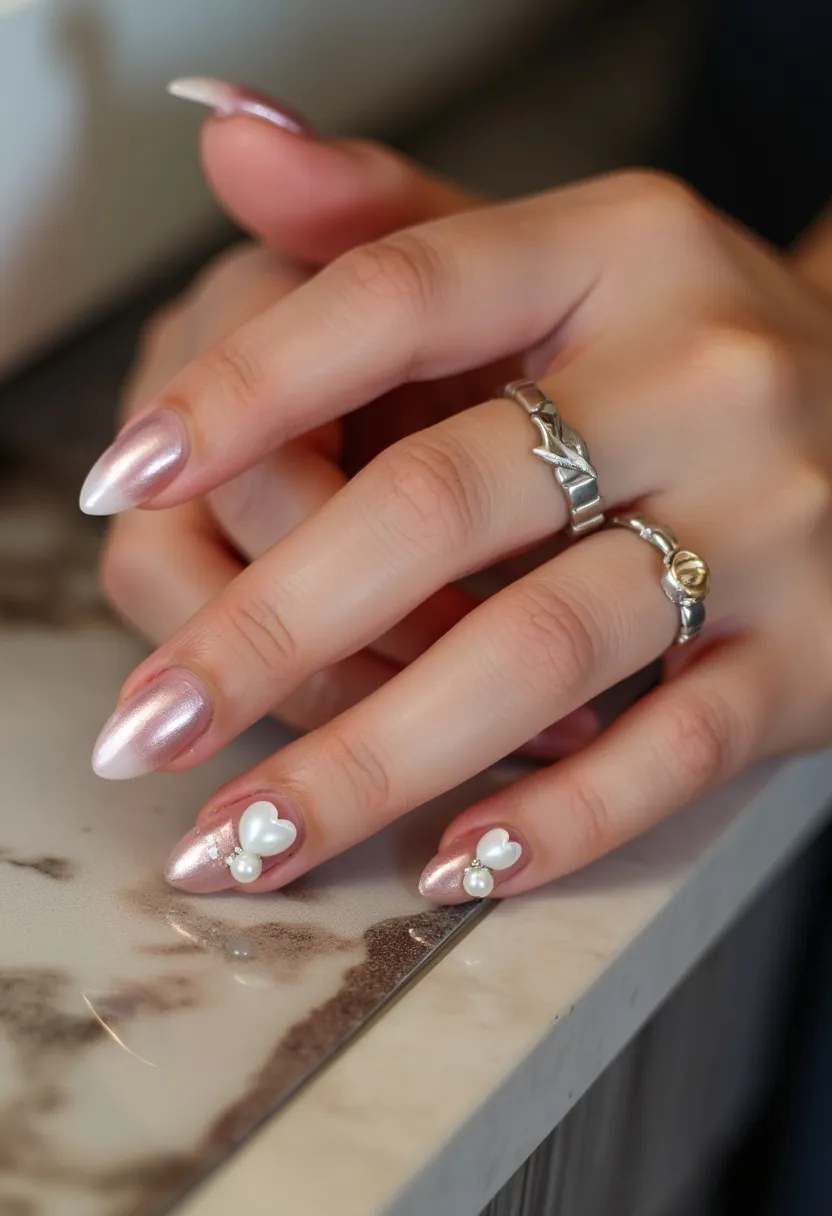 The nail design features an elegant and feminine palette with a glossy, metallic pink base coat. Each nail is shaped into a long, almond silhouette, providing a sleek and sophisticated look. Intricate decorations include white three-dimensional heart shapes and pearls on the ring and pinky fingers, adding a romantic and delicate touch. The tips of the other nails feature a subtle French tip in white, showcasing a classic, timeless design. This manicure appears to be a gel treatment, given its smooth, shiny finish and durability. The embellishments and choice of colors suggest this design could be suitable for a special occasion such as a wedding or Valentine's Day, emphasizing love and elegance.