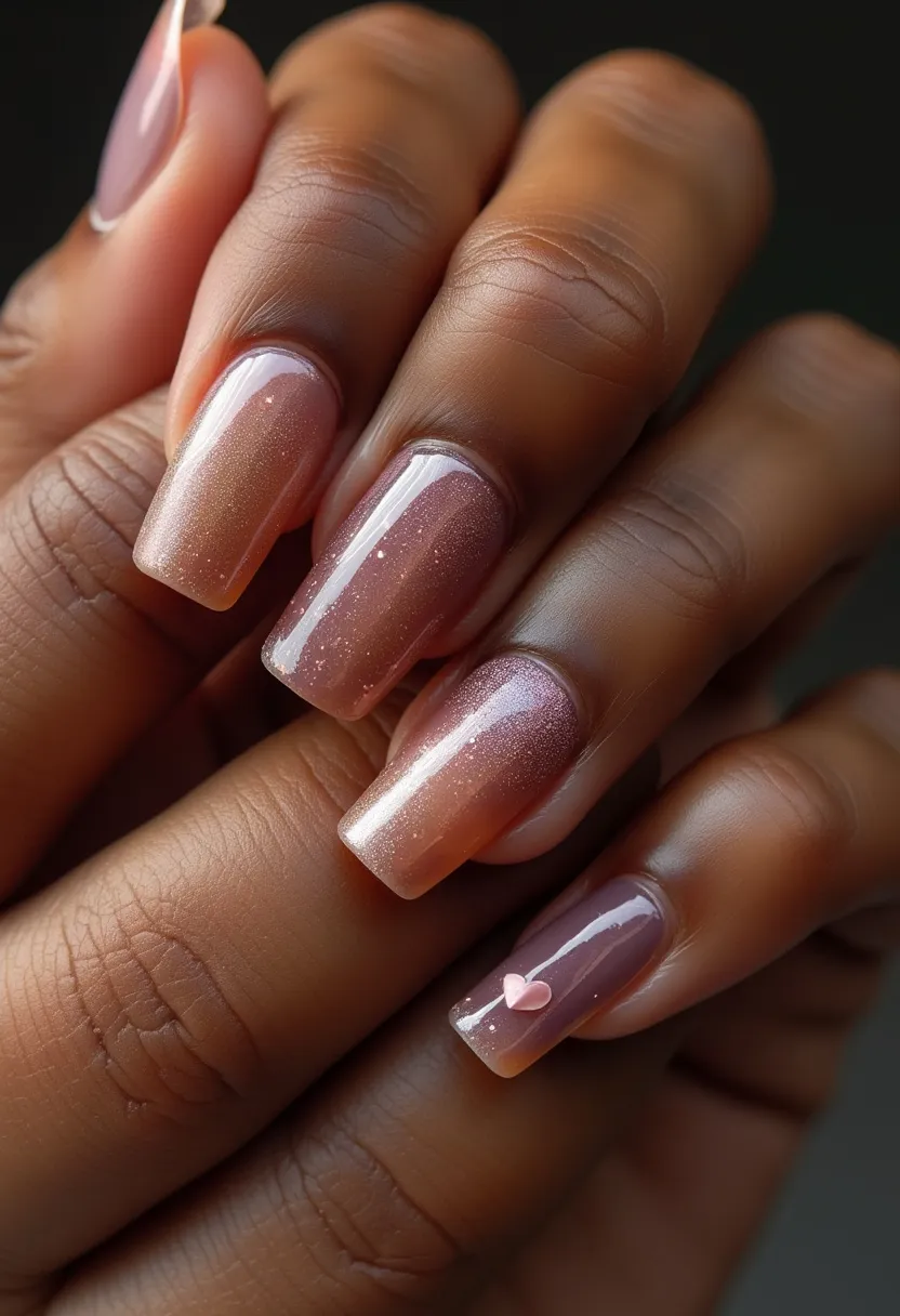 This nail design showcases a sophisticated and elegant look with a graceful color palette of soft pinks and subtle nudes, impeccably blending into an ombre effect. The nails are shaped into a smooth, squared-off tip, providing a modern and refined silhouette. Intricate detailing includes a delicate, three-dimensional heart on one of the nails, adding a charming and romantic touch to the overall design. The shimmer within the polish indicates a high-gloss gel treatment, providing a durable and lustrous finish. This design appears perfect for a special occasion such as a wedding or a romantic celebration, with its delicate sparkle and elegant aesthetic.