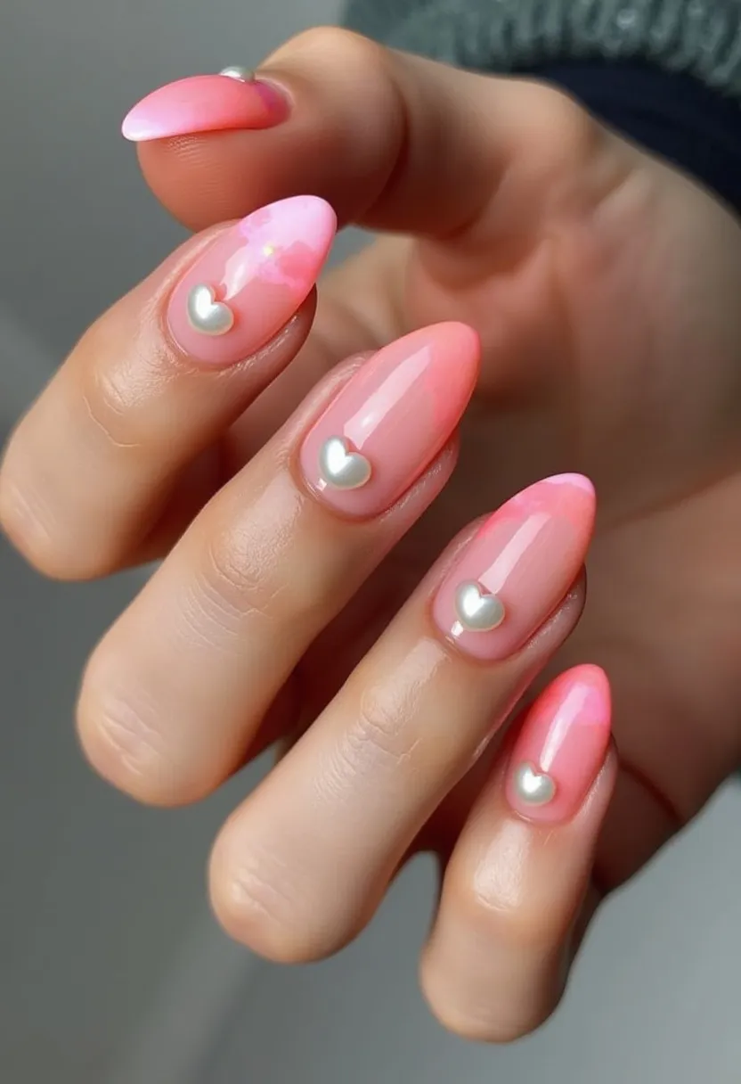 The nail design features a soft and delicate color palette dominated by shades of pink ranging from light, almost translucent base hues to slightly deeper, more vibrant tips, creating a subtle ombre effect. The nails are almond-shaped, offering a sophisticated and elegant appearance. Each nail is adorned with a small, white, three-dimensional heart embellishment placed near the cuticle, providing a romantic and charming touch. The design appears to be a gel treatment, giving the nails a glossy, smooth finish that enhances the overall look. This nail art is perfect for romantic occasions such as Valentine's Day, promising to add a sweet and affectionate flair to one's appearance.