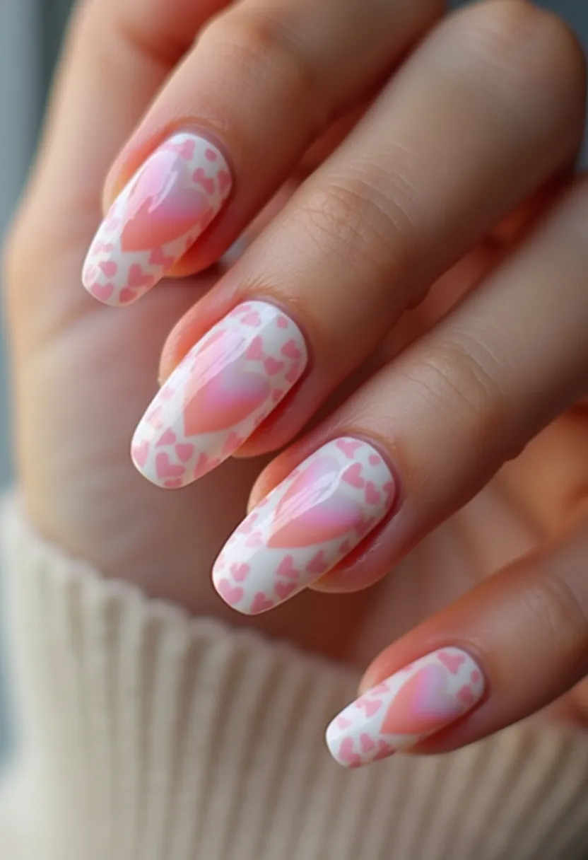 The nail design features a combination of soft pastel shades primarily in pink and white. The nails are medium length and almond-shaped, presenting a blend of elegance and modernity. Each nail is adorned with a unique, intricate pattern of pink hearts against a white background, adding a romantic and whimsical touch. The design in the center of the nails appears to be an ombre heart effect, seamlessly blending from a deeper pink to a lighter shade. The overall finish suggests a glossy treatment, likely using gel polish to achieve the high-shine effect and durability. This nail art is ideal for Valentine's Day or any romantic occasion, carrying a fun yet sophisticated theme.