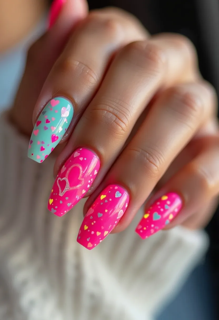 This vibrant nail design prominently features a bright pink and teal color palette, ideal for a lively and festive look. The nails are sculpted into a coffin shape with a glossy finish, likely achieved through gel or acrylic treatment. Each nail is adorned with assorted small heart decals in various hues, creating a playful and romantic theme. Some hearts are layered with glitter, adding a touch of sparkle and dimension. One nail showcases an intricately outlined double-heart design, enhancing the romantic and whimsical vibe. This design is perfect for a Valentine's Day or special romantic occasion.