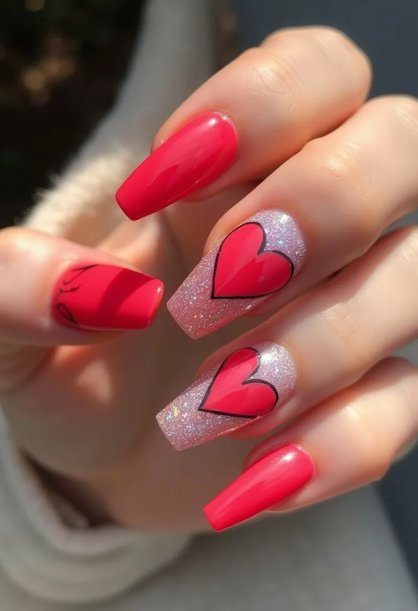 The nail design features a vibrant red and glittery silver color palette. The nails are shaped in a coffin style, providing ample space for intricate designs. Each hand showcases a mix of solid red nails and accent nails that boast a glittery silver base. The accent nails are adorned with large red hearts outlined in black, adding a playful and romantic touch to the design, ideal for Valentine's Day or romantic occasions. The finish appears to be a gel treatment, providing a glossy sheen and ensuring durability. The glittery silver accent nails add a sparkling contrast to the bold red, creating a visually captivating and festive look.