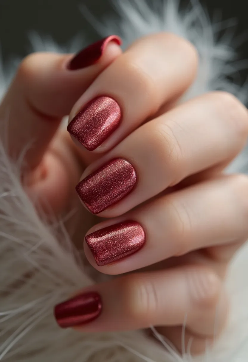 The nail design features a rich, metallic red color palette that exudes elegance and sophistication. The nails are medium length with a straight, square shape, offering a clean and modern appearance. The polish has a subtle shimmer effect, adding a touch of glamour without overpowering the overall look. This design suggests the use of gel nail treatment, known for its durability and glossy finish. The deep red color and shimmering quality make this manicure ideal for festive seasons such as Christmas or special occasions, providing a sophisticated yet festive appeal. There are no additional intricate patterns or decorations, allowing the striking color and shimmer to stand out prominently.