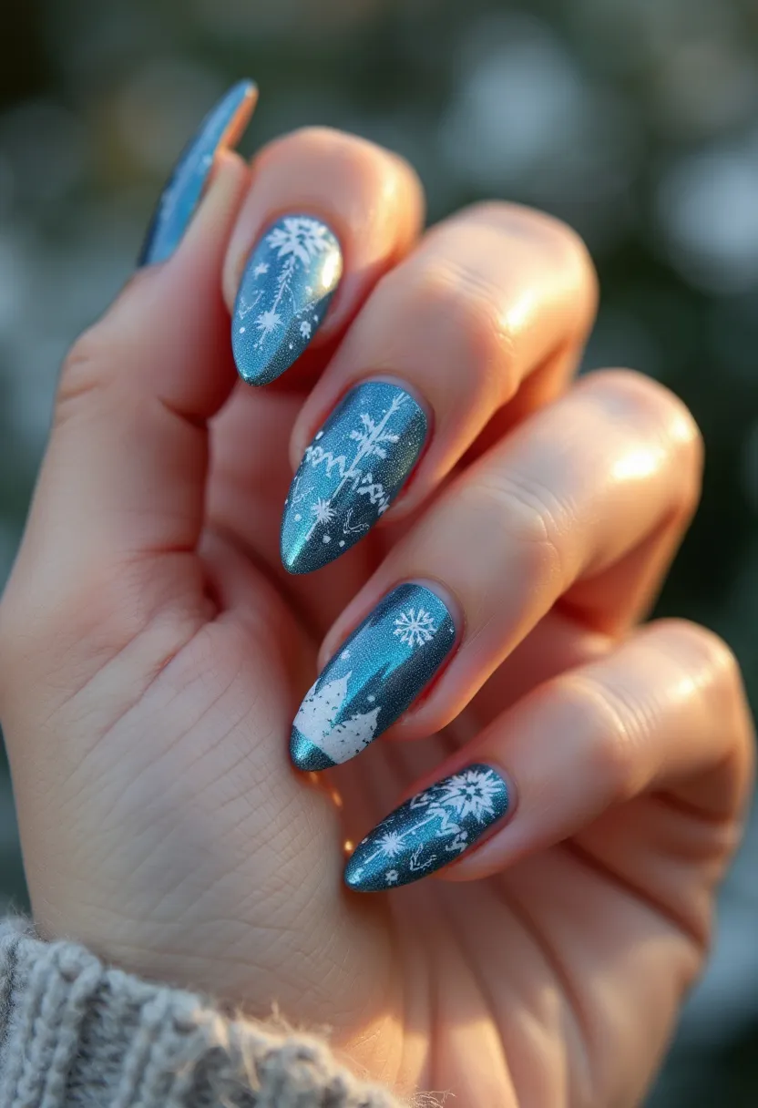 The nail design features a winter-themed motif, using a blue color palette with shimmering, metallic undertones. The nails are almond-shaped, showcasing intricate white decorations such as snowflakes, snow-covered trees, and winter landscapes. The patterns are delicately painted and add a festive, seasonal touch, ideal for the winter season or holiday celebrations. The nails appear to have a gel finish, offering a glossy, long-lasting look. The combination of the cool blue base and white intricate designs reflect a frosty, winter wonderland theme, perfect for celebrating the colder months.