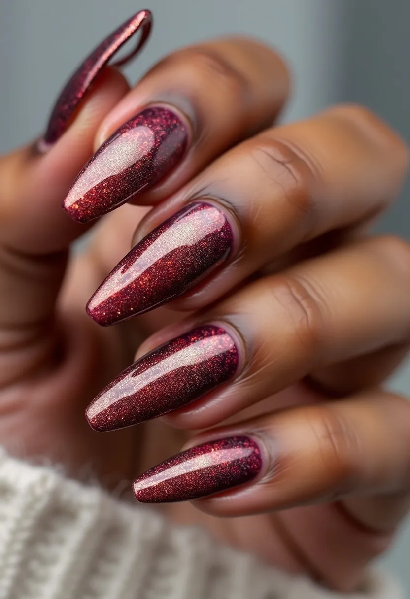 The nail design features an eye-catching color palette of deep burgundy with shimmering metallic undertones, creating a festive and glamorous effect. The nails are long and almond-shaped, offering an elegant and sophisticated appearance. The finish appears to be achieved using a gel treatment, as evidenced by the high-gloss shine and smooth surface. The design is simple yet striking, with the holographic glitter shifting beautifully under light, adding a dynamic and luxurious feel. This nail design is particularly suited for special occasions or holiday seasons, where a touch of sparkle and refinement enhances the overall look.