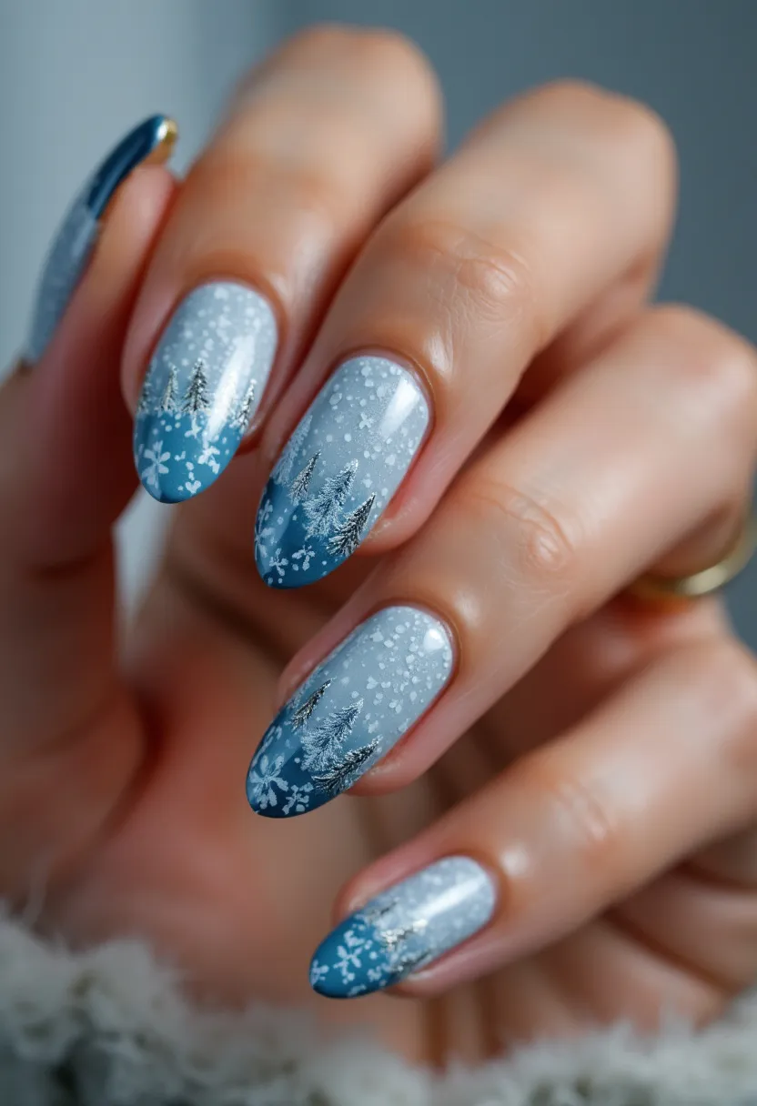 The nail design features a winter-themed color palette of cool, frosty blues and silvers. The nails are shaped in a long almond form, providing a sleek and elegant silhouette. The intricate patterns include delicate snowflakes and silver pine trees, evoking a serene snowy landscape. These patterns are beautifully detailed, adding a touch of festive charm. The finish appears to be gel, giving a glossy and smooth appearance that enhances the wintry design. This nail art is perfect for the winter season or holiday occasions, capturing the essence of a snowy, festive atmosphere.