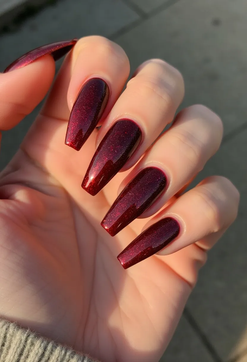 The nail design features a dark, shimmering burgundy polish with a glossy finish, suggesting a glamorous and sophisticated look. The nails are long and square-shaped with rounded edges, often referred to as coffin or ballerina style. The polish appears to be gel-based, providing a smooth and lustrous appearance that is durable and long-lasting. The nails have a subtle sparkle, with fine glitter distributed throughout the surface, adding an elegant touch without being overly flashy. The deep, rich color combined with the slight shimmer hints at a design suitable for fall or winter seasons, possibly for special occasions or holiday events. The overall design is intricate yet understated, balancing between being eye-catching and refined.