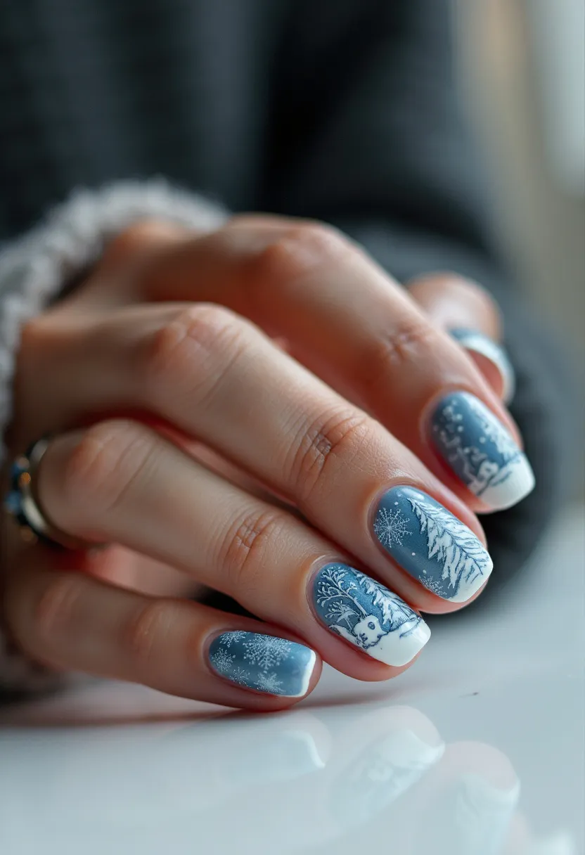 The nail design showcases a wintery theme with a predominant palette of cool tones including pale blue and white. The nails are shaped in a medium-length, rounded square style. The intricate patterns feature snowflakes, a rabbit, and trees, capturing a serene winter forest scene. The white decorations stand out beautifully against the pale blue backdrop. The nail treatment appears to be gel, giving the nails a glossy and smooth finish. This design is perfect for the winter season, evoking a festive and cozy atmosphere.