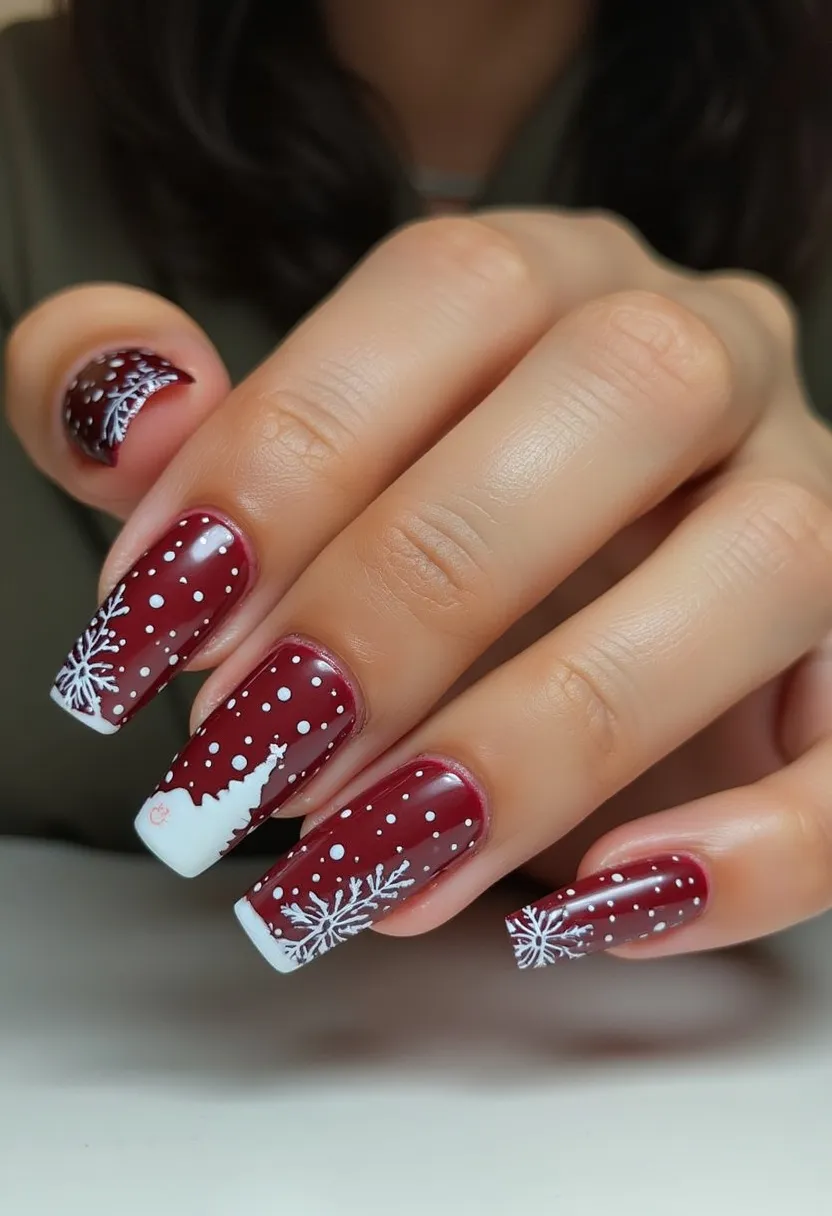 This nail design features a festive winter theme, appropriate for the holiday season. The nails are painted in a deep maroon color with intricate white patterns that resemble snowflakes and snowy trees, giving a picturesque winter landscape impression. The nails are of a long, square shape, which allows ample space for detailed art. Small white dots are scattered across the nails, mimicking falling snow. The design appears to be achieved with gel polish, given the high gloss and smooth finish. The meticulous detailing and the overall color palette emphasize a seasonal and cheerful atmosphere, perfect for Christmas celebrations.