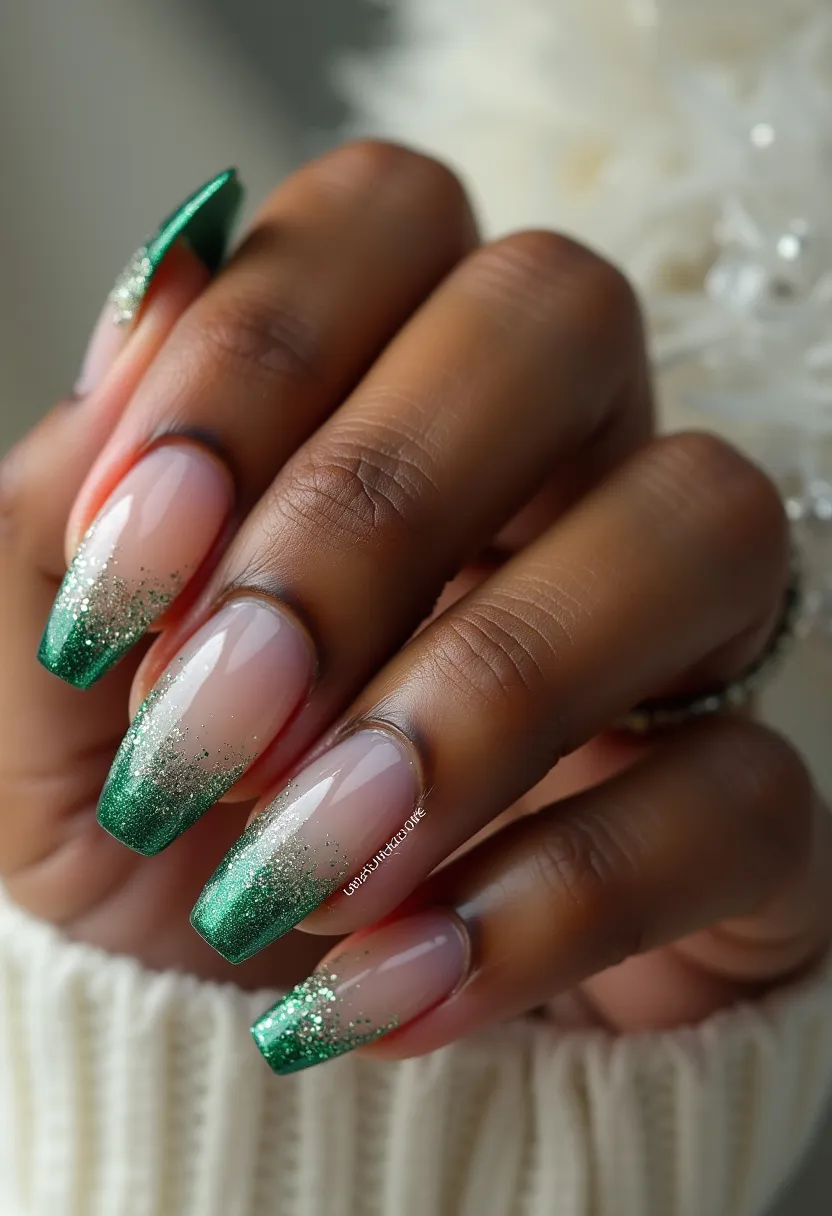 This nail design showcases a gradient green and clear color palette with sparkly glitter embellishments, suggesting a festive or celebratory theme. The nails are shaped in a long, tapered square form, providing an elegant and chic appearance. The design features a clear pinkish base that transitions seamlessly into a rich green tip, accented with fine glitter particles that gradually fade towards the cuticle area. The glitter itself adds a touch of glamour, enhancing the overall aesthetic. Given the glossy finish and smooth texture, it is likely that a gel treatment was used to achieve this look, ensuring durability and a superior shine. This elegant design could be suitable for special occasions such as holidays or festive celebrations.