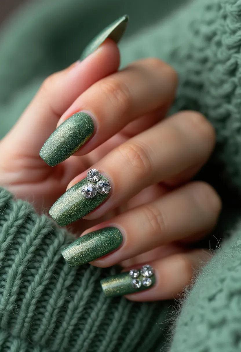 The nail design features a rich green color palette with a subtle shimmer, suggesting a metallic or foil finish. The nails are shaped in a stylish coffin or ballerina shape, which elongates the fingers elegantly. Intricate decorations are present, with multiple rhinestones arranged on the ring and pinky fingers, forming a sparkling, floral-like cluster that adds a touch of glamour. The overall look appears to be achieved with gel polish, giving a glossy and durable finish. This design is perfect for winter or festive occasions, as the green shade and rhinestone adornments evoke a sophisticated, holiday-inspired aesthetic. The attention to detail and the use of sparkling elements make this nail design stand out for special events or celebrations.