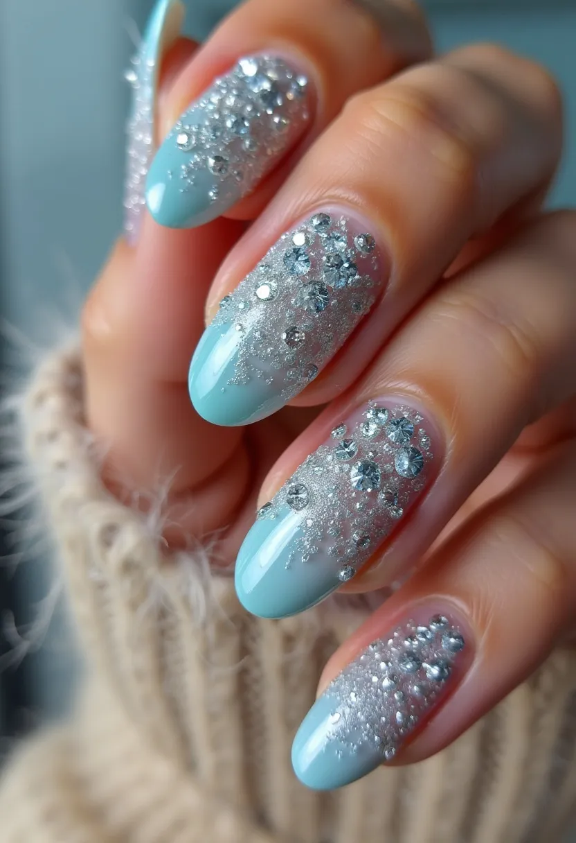 This nail design features an elegant and festive aesthetic with a winter-inspired theme. The nails have a coffin shape and are painted in a soothing pastel blue color. Intricate patterns adorn the nails, including a gradient effect transitioning to a sparkly, silvery hue towards the cuticles. The silver glitter is further enhanced with the embellishments of rhinestones, adding a touch of glamour and sparkle. The choice of gel treatment gives a glossy and durable finish, perfect for the holiday season or special occasions. The overall look is both sophisticated and eye-catching, making it ideal for winter festivities.