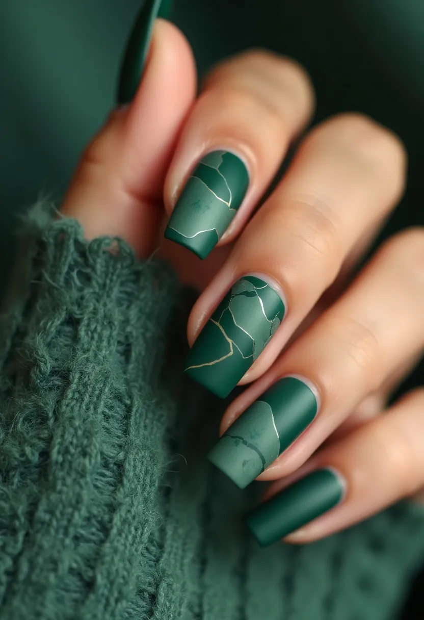 The nail design features a rich, matte emerald green color palette that exudes sophistication and elegance. The nails are medium-length and shaped in a fashionable square form, offering a modern and trendy look. An intricate marble pattern with subtle gold lines adorns the nails, adding a touch of glamour and complexity. The nails appear to be acrylic, providing a durable and long-lasting finish, perfect for a polished and refined appearance. This design is versatile yet eye-catching, making it suitable for both casual and festive occasions, and it particularly complements a fall or winter seasonal theme with its deep, earthy tones.