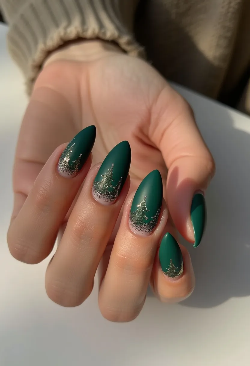 This nail design features almond-shaped nails painted with a matte emerald green, a color palette that exudes elegance and is perfect for the holiday season. Each nail is decorated with a delicate pattern that suggests an evergreen tree, created with subtle glitter, tapering from the base towards the tip. The nail treatment appears to be gel-based, enhancing the durability and smooth finish of the design. The intricate glitter details sparkle under light, making the festive nail design suitable for special occasions like Christmas. The overall aesthetic of the nails blends simplicity with seasonal charm, capturing the essence of winter festivities in a sophisticated manner.