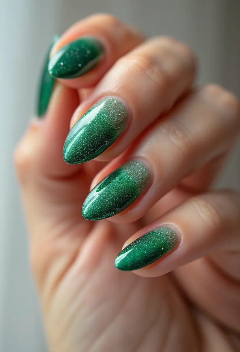 The nail design features an elegant mixture of green shades, transitioning from a deep emerald hue to a lighter, almost silvery green towards the cuticle. The nails are shaped in a stylish, elongated almond shape, enhancing the overall gracefulness of the design. They exhibit a glossy, shimmering finish, suggesting the use of gel polish to achieve the sleek and long-lasting effect. The application of a subtle gradient gives an impression of depth and sophistication, making it an appealing choice for festive occasions, particularly around the holiday season. Some of the nails are finely adorned with a dusting of minute sparkles, adding to the festive and celebratory vibe.