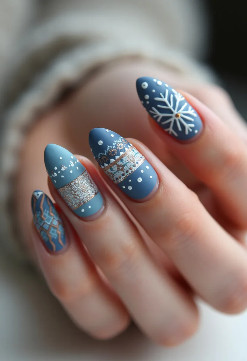 The nail design features a winter-themed palette primarily in shades of blue, with accents in white and metallic silver. The nails are almond-shaped, offering a sleek and elegant look. The design includes intricate patterns such as snowflakes, geometric motifs, and dots that resemble falling snow. Some nails are adorned with a glittery band adding a touch of sparkle to the otherwise matte finish. The seasonal theme suggests these nails are perfect for the winter holiday season, perhaps for special occasions like Christmas or New Year's. The polished and detailed artwork indicates the use of gel or acrylic treatments, which provide a durable and smooth finish suitable for intricate designs.