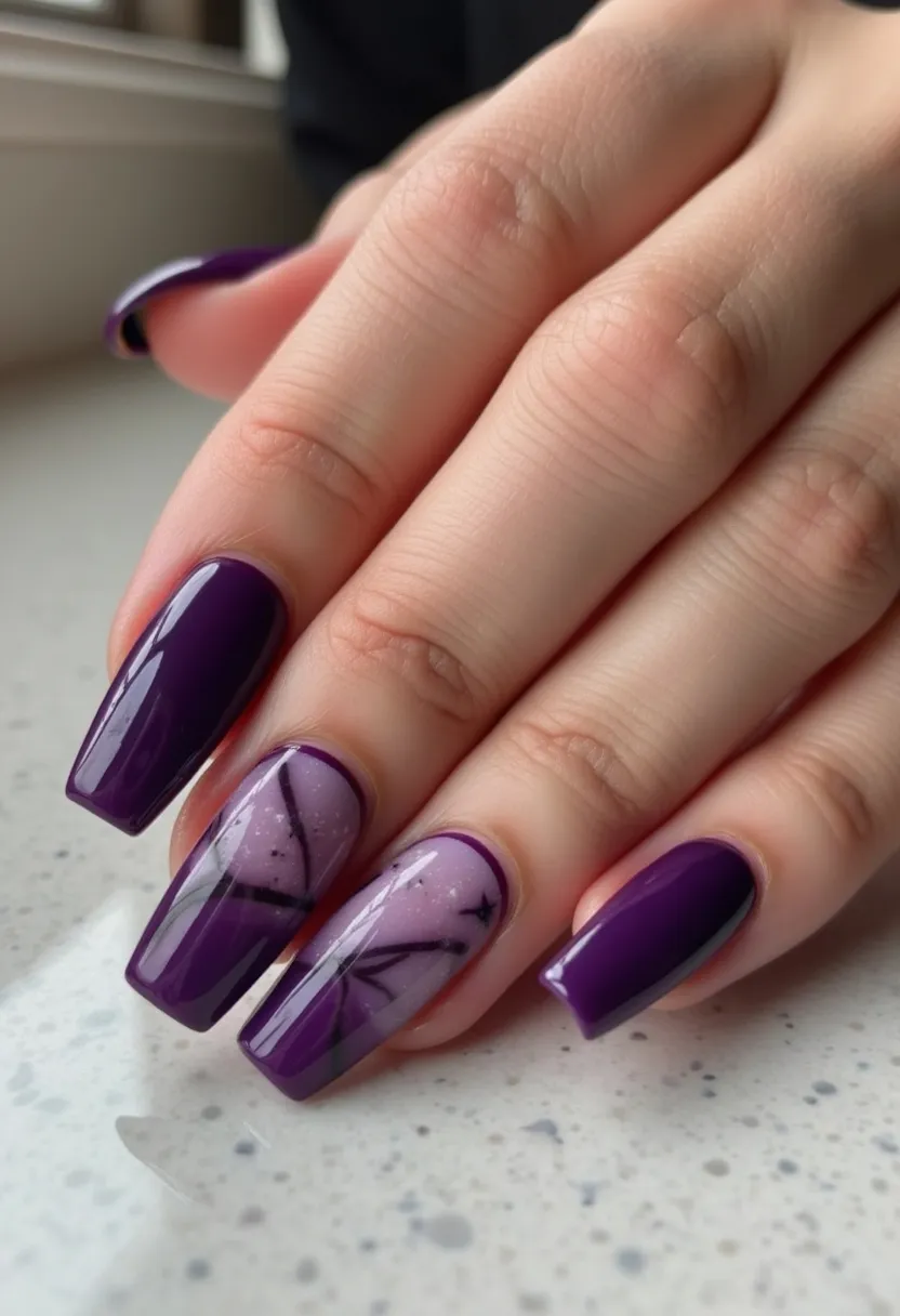 The described nail design showcases a color palette that consists of a deep, rich purple combined with a light lavender. The nails are in a long, square shape, and two of them feature intricate patterns. These two nails include abstract designs with black lines forming geometric shapes over a gradient base that transitions from the lavender to the purple, giving a sophisticated and artistic look. The finish appears glossy, suggesting the use of either gel or shellac treatments that provide a shiny, durable coat. This nail design can be considered suitable for various seasons, but the color palette and complexity of the patterns suggest it may particularly complement fall fashion or be chosen for a special occasion that requires an elegant, eye-catching statement.