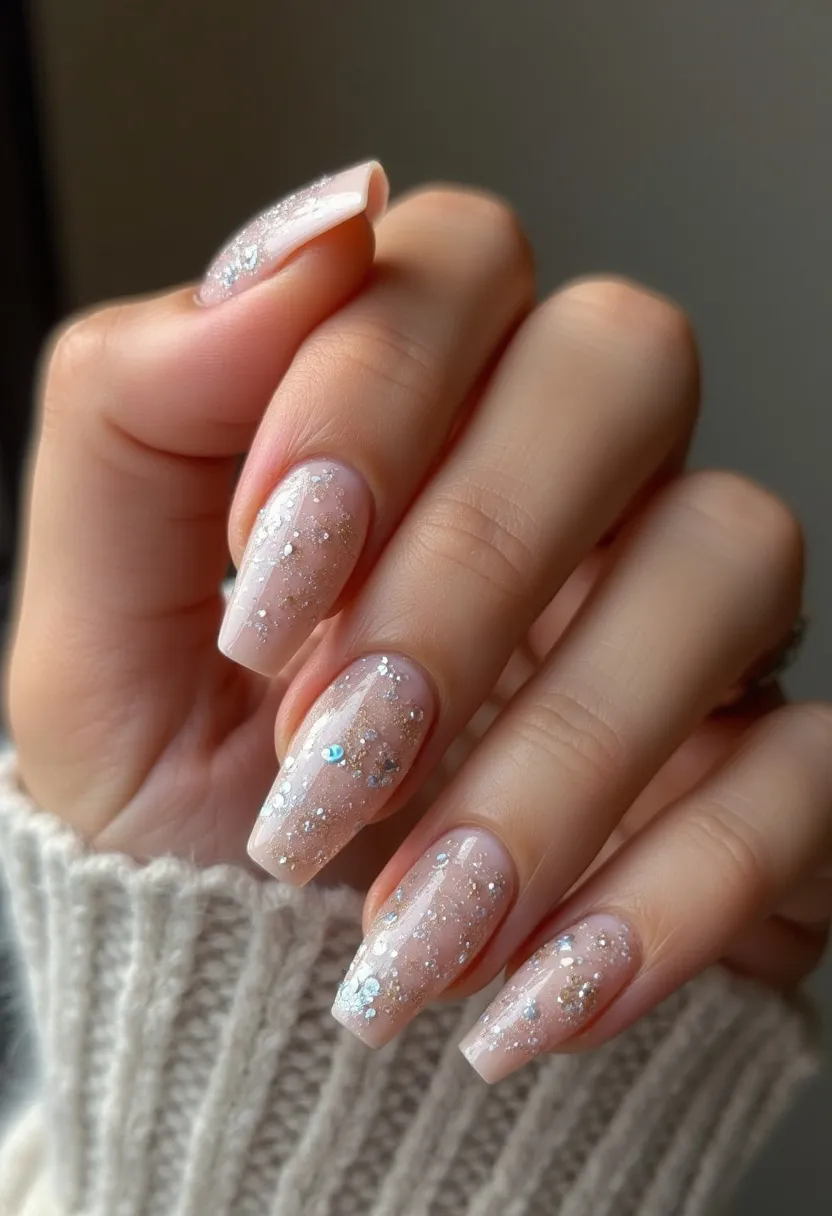 The nail design features a soft, translucent nude color palette embellished with glitter and small rhinestone accents, creating a sparkling effect. The nails are shaped in a medium-length coffin style, which is both elegant and modern. The decorations include a mix of fine glitter and larger holographic pieces scattered across the nails, adding a touch of glamour. This design appears to be achieved using gel polish, offering a glossy and durable finish. The glittery and festive elements suggest a seasonal theme, possibly suitable for winter holidays or celebratory events. Each nail uniquely sparkles, contributing to an overall cohesive and intricate design.