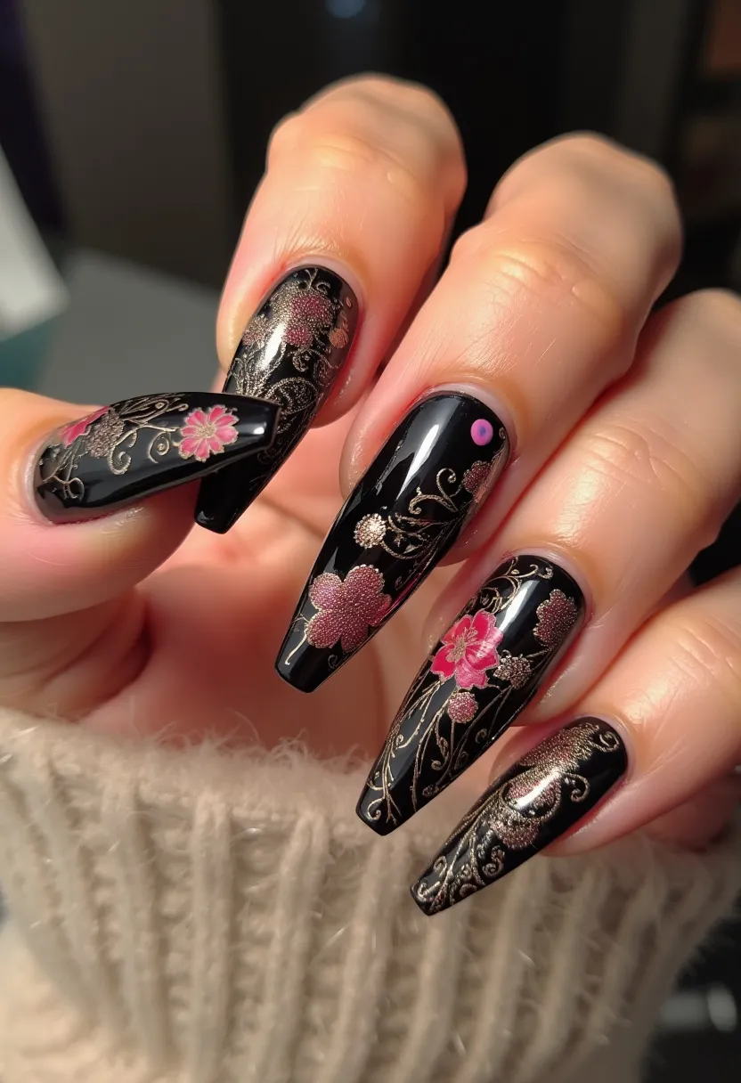 The nail design features a glossy black color palette as the base, highlighting an elegant and luxurious look. The nails are long and shaped into a coffin or ballerina style. Intricate patterns dominate the nails, with delicate floral designs in shades of pink and gold, creating a striking contrast against the black background. The flowers appear to be meticulously crafted, with gold vines and leaves adding detail and sophistication. This design suggests a gel nail treatment due to the high shine and smooth finish. The floral motif suggests a seasonal theme, possibly tailored for autumn or winter, or it could be intended for a special occasion like a wedding or festive celebration, emphasizing both intricate artistry and a sense of opulence.