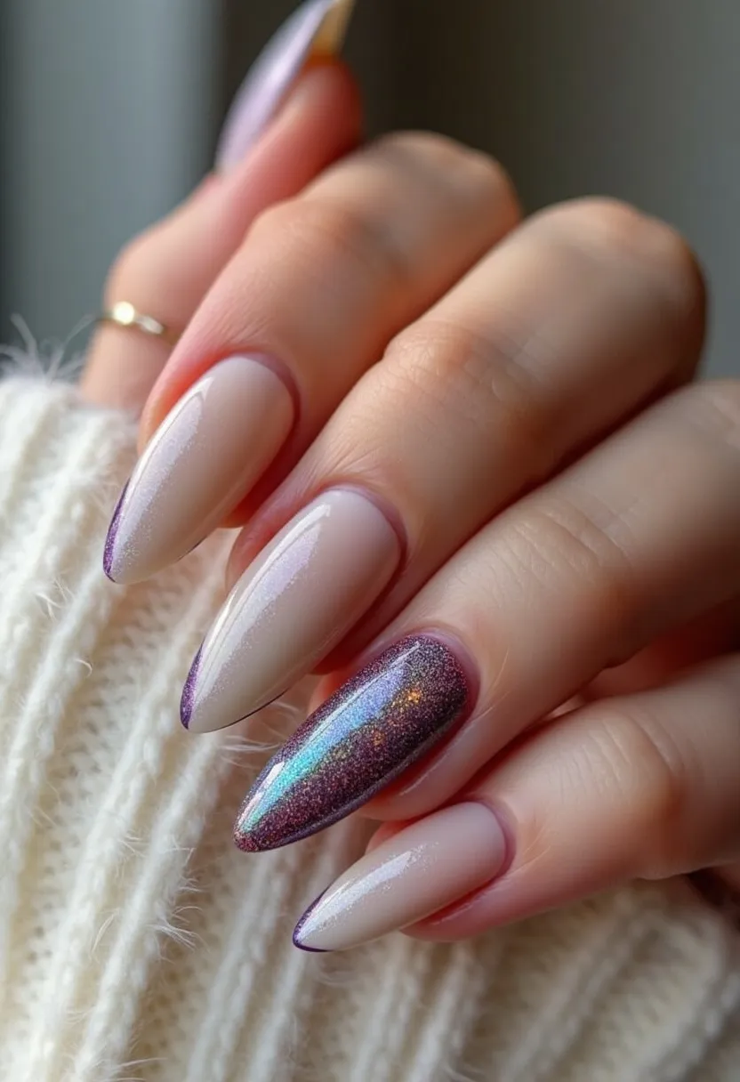 The nail design features a sophisticated and elegant look with almond-shaped nails. The color palette primarily consists of a subtle, pale nude base, accented with a delicate gradient of shimmering purple tips. One standout nail is adorned with a prismatic, holographic glitter coating that shifts between various shades of purple, teal, and green, adding a striking accent to the overall design. This suggests the use of gel treatment for its glossy finish and durability. The intricate patterns and shimmer effects are perfect for a seasonal winter theme or a special occasion like a holiday party or New Year's Eve celebration. The combination of subtle and bold elements creates a balanced and eye-catching aesthetic.