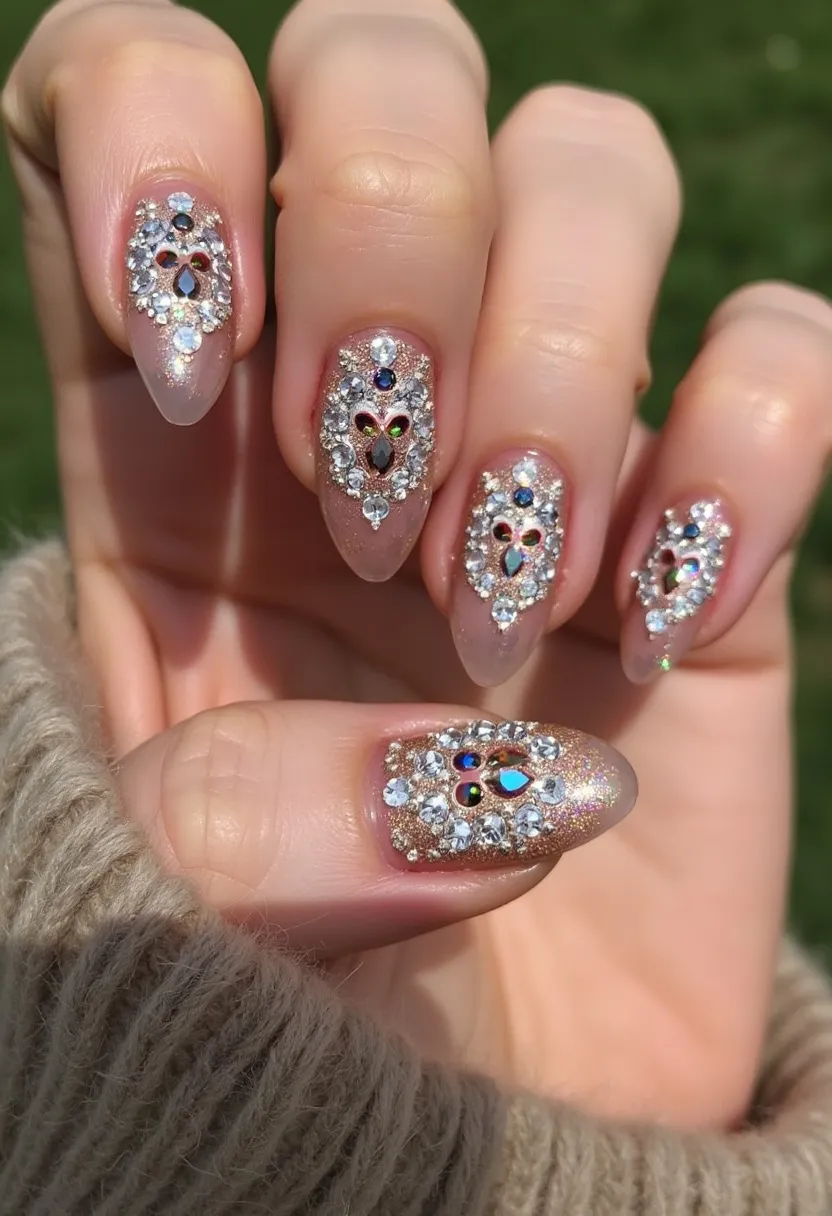 The nail design features a palette dominated by a light nude base color, overlaid with a shimmering, iridescent finish. The nails are shaped in an almond form, enhancing the elegance of the overall look. Each nail is intricately decorated with a combination of small, glimmering rhinestones, strategically placed to form symmetrical patterns that include both circular and teardrop shapes. These embellishments are primarily silver but include hints of deeper hues, creating a multidimensional effect. The nail treatment appears to be a gel application, given the high-gloss finish and durability required to support the decorative elements. This design exudes a festive or celebratory vibe, making it ideal for special occasions such as weddings, parties, or the holiday season.