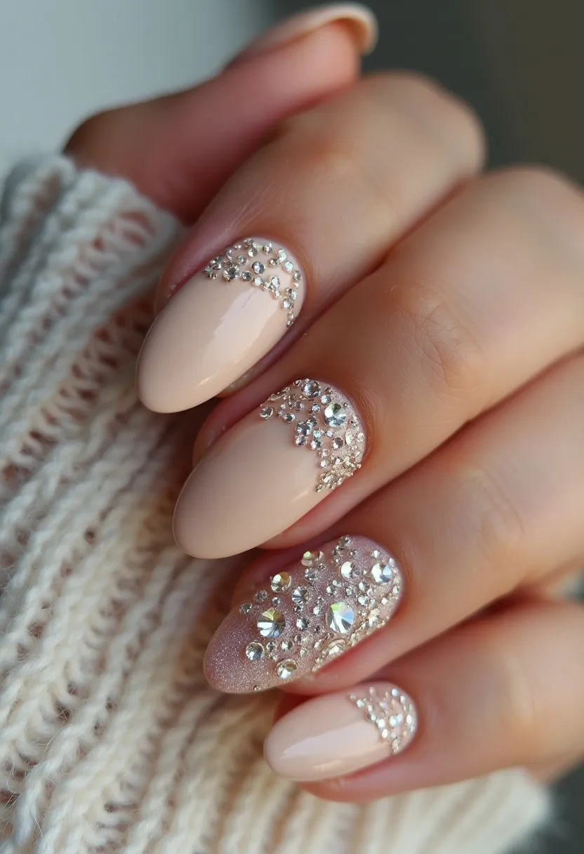 The nail design showcases a sophisticated and elegant look with a color palette predominantly featuring nude and soft beige tones. The nails are shaped in an almond style, which adds to the overall classy and refined appearance. Intricate decorations include the use of shimmering rhinestones and glitter, strategically placed at the base of the nails and enveloped into a detailed, flowing pattern. One nail stands out with its full coverage of glitter and dazzling rhinestones, creating a striking focal point. This meticulous arrangement of crystals adds a luxurious touch, making this design perfect for special occasions or festive seasons. The finish indicates a gel treatment, providing a glossy and smooth surface that complements the sparkling embellishments beautifully.