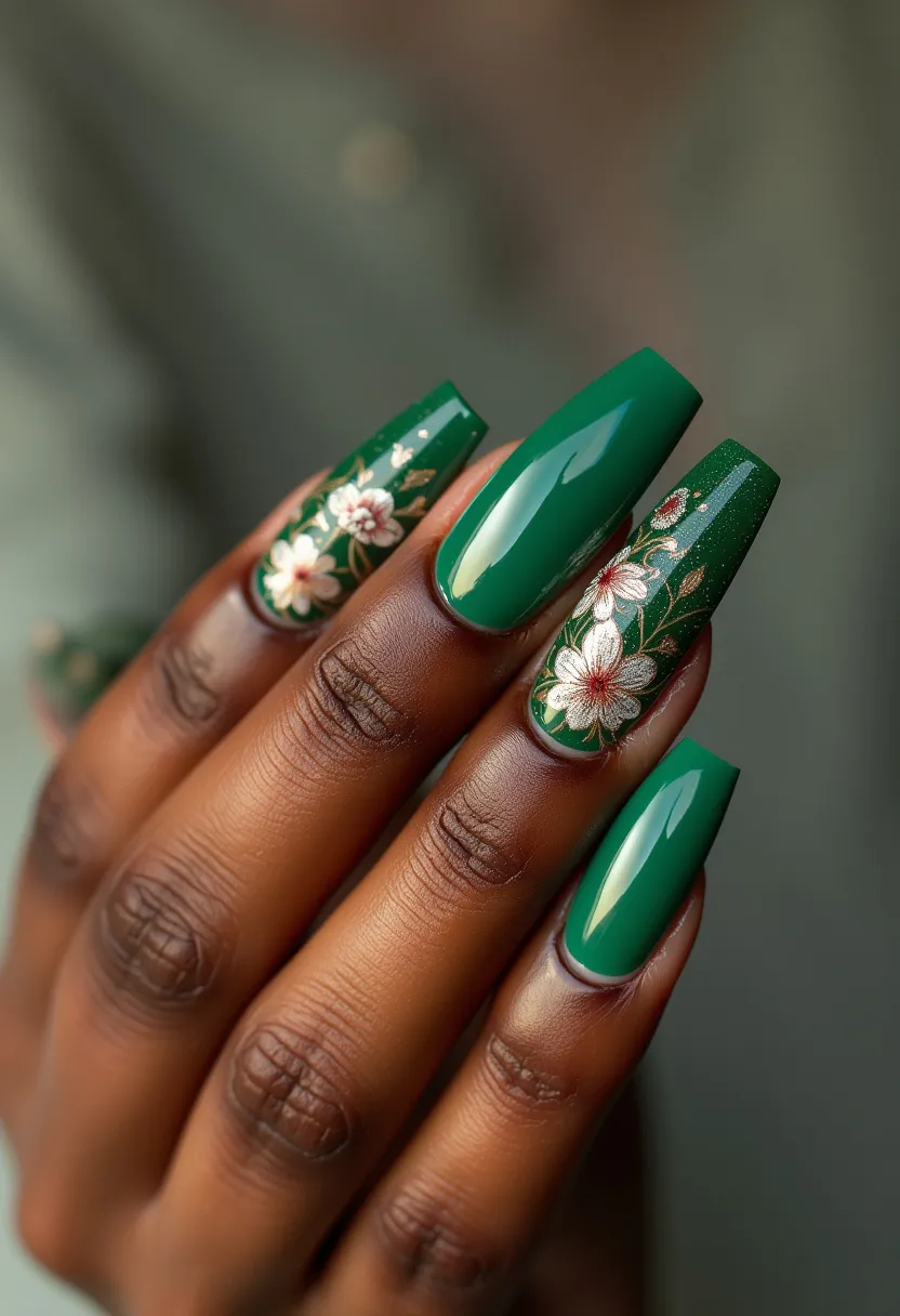 The nail design features a stunning deep green color palette, with medium to long coffin-shaped nails. The design includes intricate floral patterns, primarily in white and pink shades, with delicate gold accents, adding a touch of elegance and sophistication. The glossy finish suggests the use of gel nail treatment, providing a sleek and durable appearance. This nail art can be ideal for a wedding, a formal event, or a seasonal theme such as spring, evoking a fresh and vibrant feel. The intricate florals and refined details make the design both visually appealing and stylishly unique.