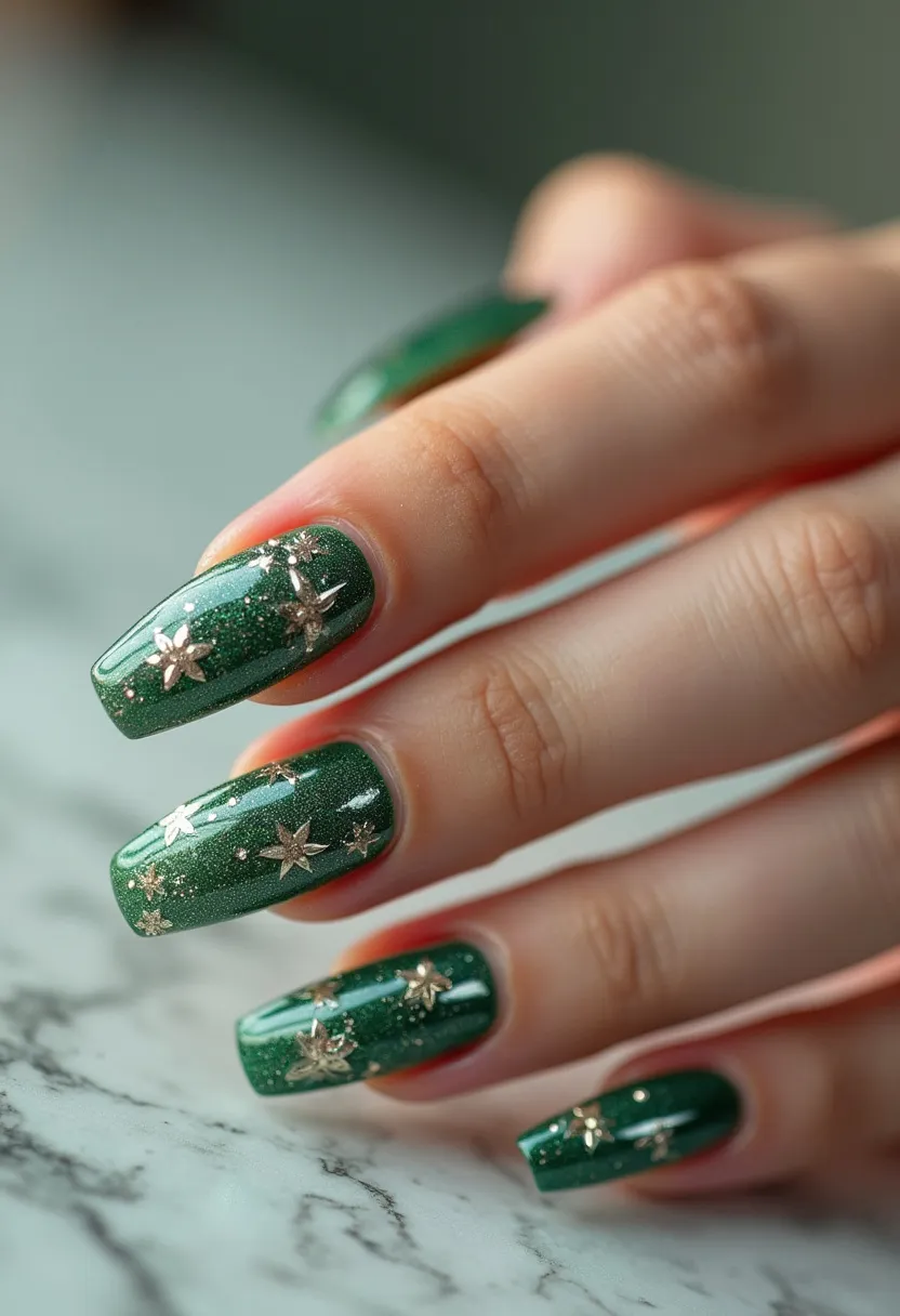 The nail design showcases a striking green color palette with added shimmer, complemented by gold star decorations that enhance the overall aesthetic. The nails are medium length and have a square-shaped tip, giving them a modern and elegant look. The intricate patterns of gold stars, varying in size and scattered across each nail, add a festive touch, likely suitable for special occasions such as holidays. The high-gloss finish suggests that a gel or shellac treatment might have been used, ensuring durability and a long-lasting shine. The celestial theme of the design, accentuated by the combination of green and gold, is particularly fitting for the winter season or holiday festivities, making this a unique and eye-catching manicure.