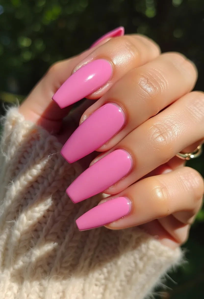 The nail design features a vibrant pink color palette applied with a smooth finish that suggests a gel or shellac treatment, giving the nails a glossy and durable appearance. The nails are shaped into a long, squared coffin style, which is both trendy and elegant. There are no additional intricate patterns or decorations, allowing the bright pink color to stand out on its own. This simple yet striking design could be ideal for a variety of occasions, including casual outings, summer events, or even as a playful choice for everyday wear.