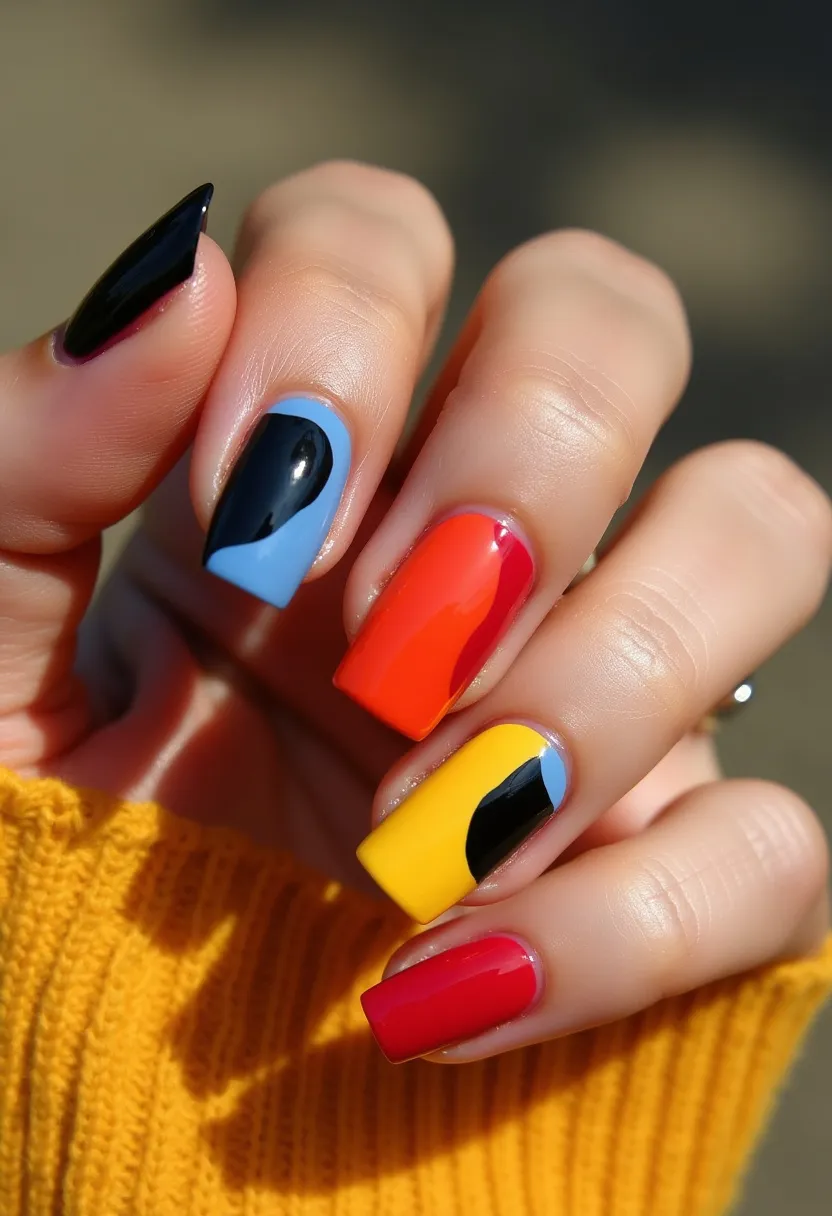 The nail design showcases a vibrant and colorful palette with bold shades of black, blue, red, orange, and yellow. The nails are shaped in a combination of stiletto (for the thumb) and square tips (for the other fingers), offering a mix of edgy and classic styles. Each nail features a unique design with intricate patterns, such as a black abstract shape overlaid on different base colors like blue, red, and yellow, creating a modern and artistic look. The glossy finish suggests a gel or shellac treatment, known for its high shine and durability. This design stands out as a fun and energetic choice, perfect for making a statement at any special event or for embracing a festive, celebratory spirit.