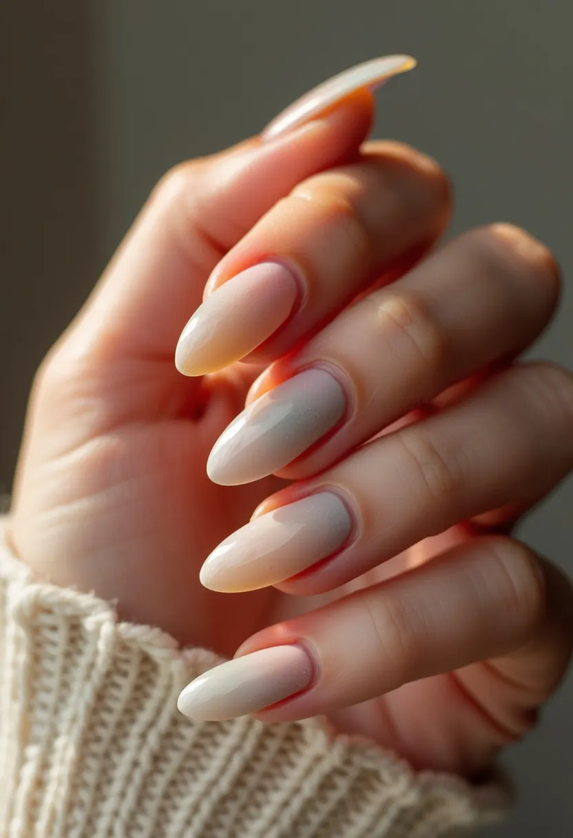 The nail design features a soft, gradient color palette transitioning from a light pink at the base to a creamy white tip, creating an elegant ombre effect. The nails are almond-shaped, providing a sleek and elongated appearance that enhances the hand's overall aesthetic. The manicure uses a gel nail treatment, evident from its smooth finish and vibrant, long-lasting shine. There are no additional intricate patterns or decorations, focusing on the simplicity and sophistication of the gradient. This design is versatile, suitable for both everyday wear and special occasions, and aligns well with spring or summer seasonal themes due to its light and airy colors.