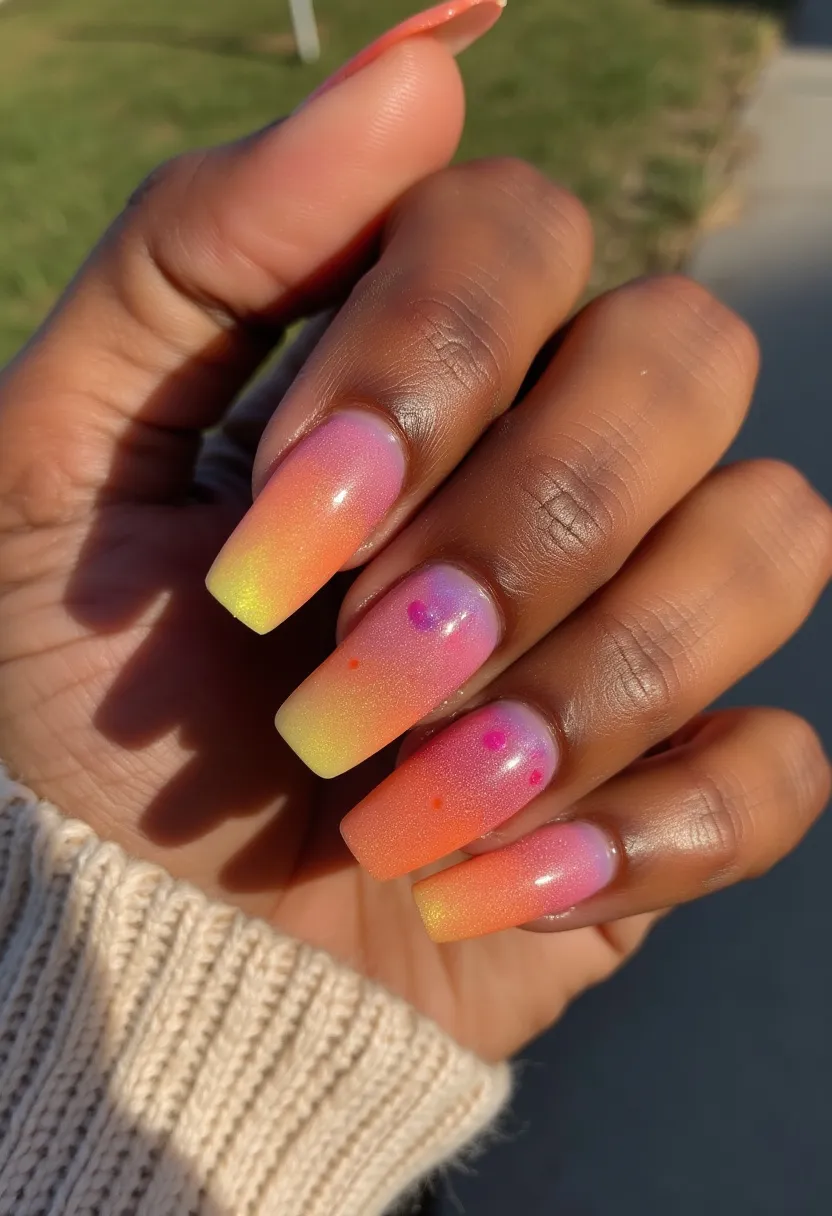 The nail design features a vibrant color palette with a smooth gradient transition from pink at the base to orange and then yellow at the tips, creating an appealing ombre effect. The nails are shaped in a long, square style, providing ample surface for the design. Intricate details include small, colorful dots scattered across some nails, adding a playful and festive touch. This design appears to be a gel manicure, given the glossy finish and smooth texture. The color choice and decorative details suggest a summery, cheerful theme, possibly suited for a celebratory occasion or a sunny vacation.