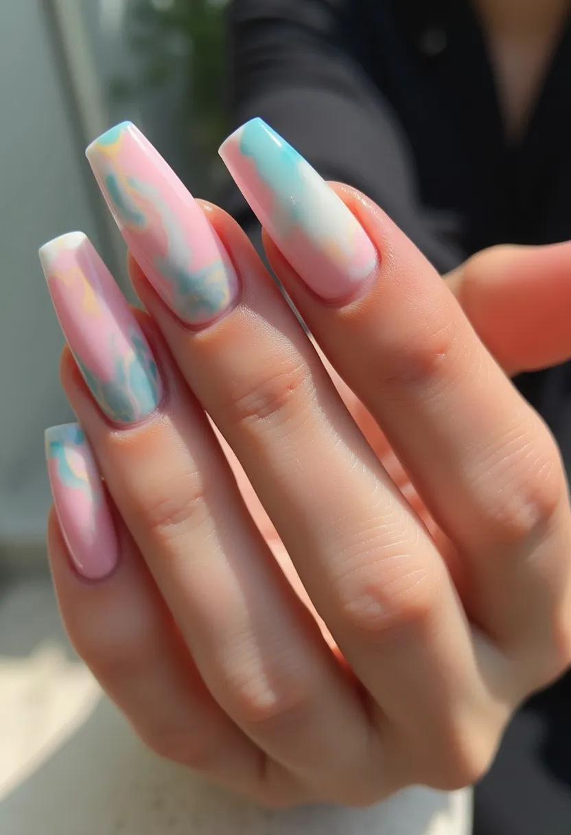 The nail design features a pastel color palette with shades of pink, blue, white, and hints of yellow, creating a soft, dreamy aesthetic. The nails are long with a square shape, providing ample canvas for intricate artistry. The pattern is a marbled effect, blending all the colors smoothly together in a fluid, almost watercolor-like manner. The nail treatment appears to be acrylic, giving a glossy and durable finish. The use of pastel colors and the marbled design make this look ideal for a spring or summer season, capturing a light and airy vibe perfect for special occasions like weddings or garden parties.