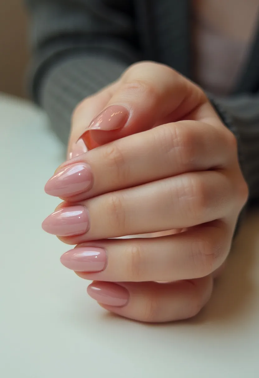 The nail design features an elegant and understated look with a soft, nude pink color palette that exudes sophistication. The nails are shaped in an almond style, which elongates the fingers and adds a touch of femininity. The polish appears to be a gel treatment, characterized by its high-gloss finish and smooth, even application, indicating durability and shine. There are no intricate patterns or decorations, which maintains a minimalist aesthetic suitable for everyday wear or formal occasions. The simplicity and neutrality of the color make this design versatile, ideal for both professional settings and casual outings, and appropriate for any season, adding a polished and refined look to any ensemble.