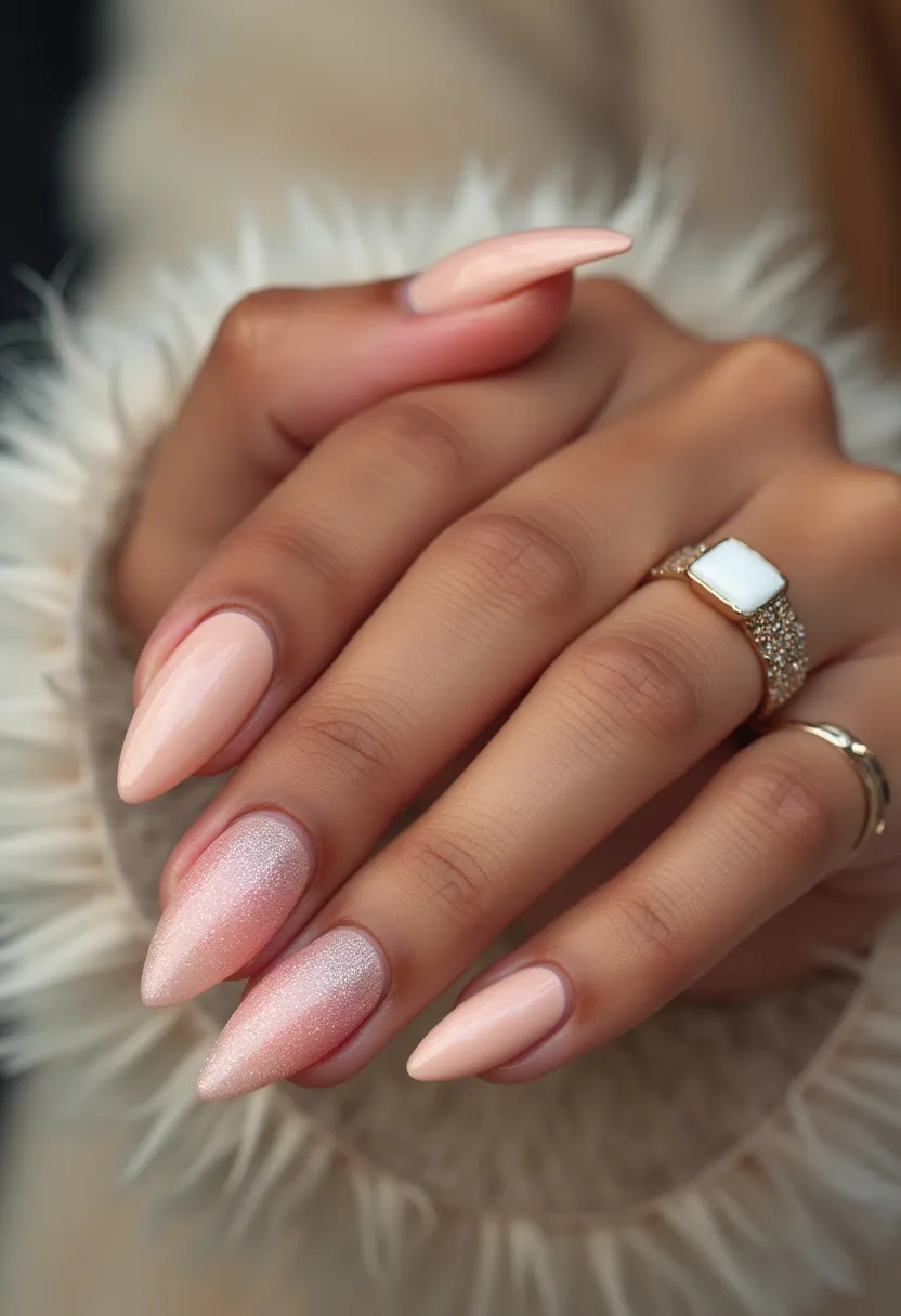 The nail design features a sophisticated and elegant palette of soft pink hues, perfectly complementing the stiletto-shaped nails. The primary treatment appears to use gel polish, offering a glossy finish that enhances the overall chic appearance. Most nails are painted in a uniform light pink shade while two nails showcase a subtle, shimmery ombre effect that adds a touch of sparkle and dimension. This intricate design, with its delicate yet striking simplicity, is ideal for special occasions or seasonal themes such as weddings or spring celebrations, evoking a sense of refined beauty and timeless elegance.