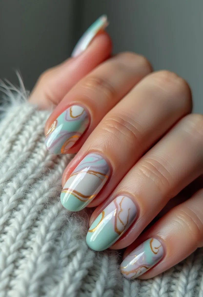 The nail design features a rounded shape with an oval tip, exuding a sophisticated and elegant look. The color palette predominantly includes soft pastel hues, namely mint green, lavender, white, and pale pink, creating a serene and harmonious blend. Intricate gold lines are delicately painted on each nail, mimicking the appearance of marble veining, adding a touch of luxury and refinement. This design is most likely created using gel nail polish, known for its smooth and durable finish. The artistic and pastel color choices make it suitable for spring, conveying a fresh and rejuvenating vibe. Overall, the nails exhibit a beautifully balanced combination of soft colors and elegant patterns, perfect for a chic and stylish appearance.