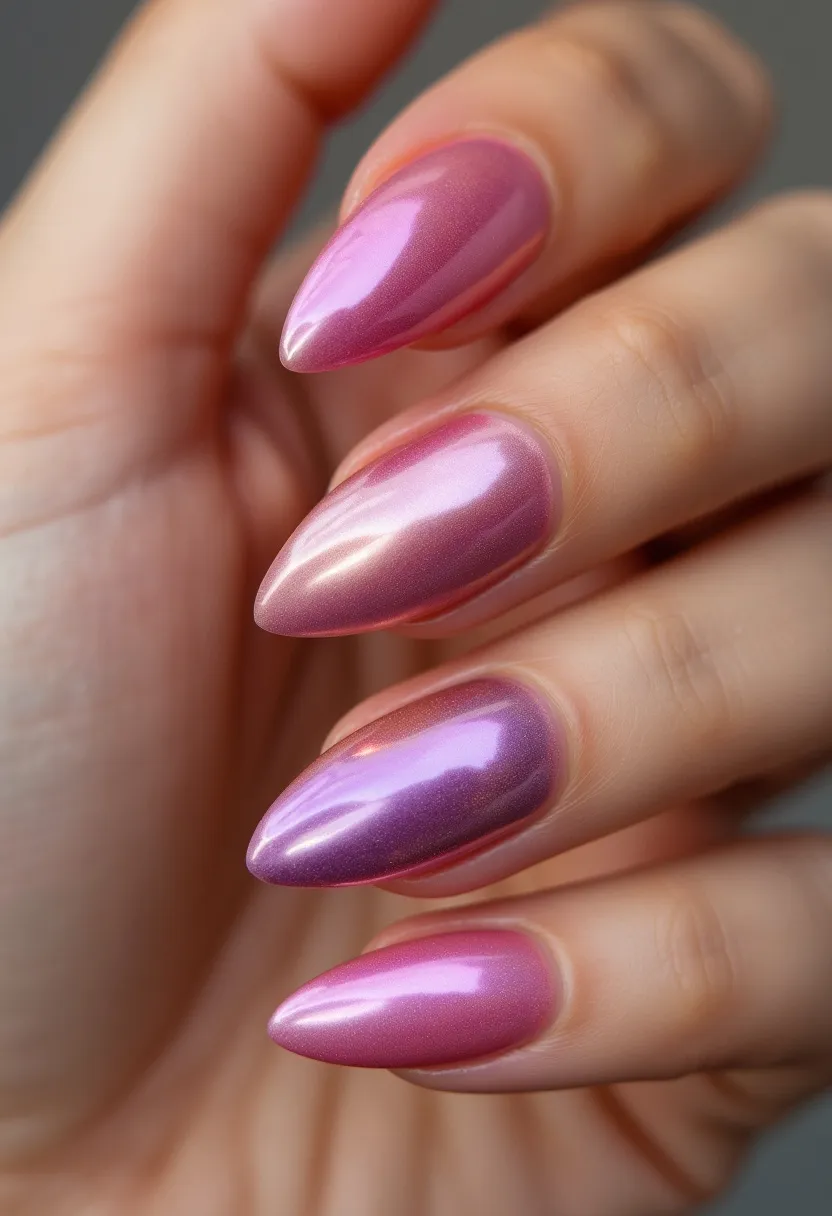 This nail design features an elegant and sleek aesthetic with a stunning chrome-like finish. The color palette consists predominantly of metallic pink and purple hues that create a mesmerizing and reflective iridescent effect. The nails are shaped into a sharp stiletto style, enhancing their sophisticated and edgy appearance. The treatment used here appears to be a gel or shellac application, which contributes to the high-gloss, mirror-like shine that encapsulates the nails' surface. There are no additional patterns or decorations, relying on the vivid metallic color shift to make a bold statement. This versatile design would be suitable for special occasions, potentially fitting for evening events or festive celebrations, due to its luxurious and eye-catching style.