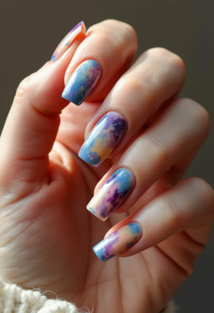 This nail design showcases a vibrant color palette featuring shades of blue, purple, yellow, and hints of pink, creating an artistic and dreamy appearance reminiscent of a watercolor painting. The nails are long and have a coffin shape with slightly tapered ends. The intricate patterns display a blend of swirling colors, giving a marble-like or cloudy effect that appears intentional and expertly done. This look is achieved using a glossy finish, likely through a gel treatment that ensures durability and a high-shine finish. The overall appearance of the nail art makes it suitable for special occasions or adding a unique touch to everyday fashion, and it seems inspired by celestial or cosmic themes, perfect for late summer or festival seasons.