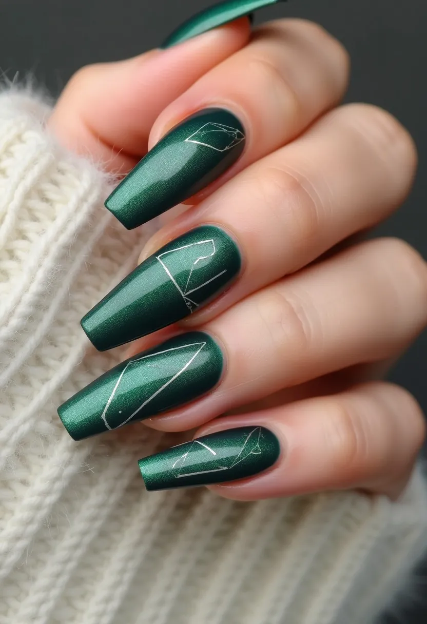 The nail design features an elegant dark green color palette with a slightly metallic sheen, reflecting a sophisticated aesthetic. The nails are shaped in a long coffin style, providing a significant surface area for intricate detailing. Each nail is adorned with delicate geometric line patterns in a contrasting white, creating a modern and chic look. The nail treatment appears to be gel, indicated by the smooth and glossy finish. This design could be well-suited for autumn or winter, considering the deep green tones, and could also be appropriate for special occasions due to its refined and eye-catching appearance.