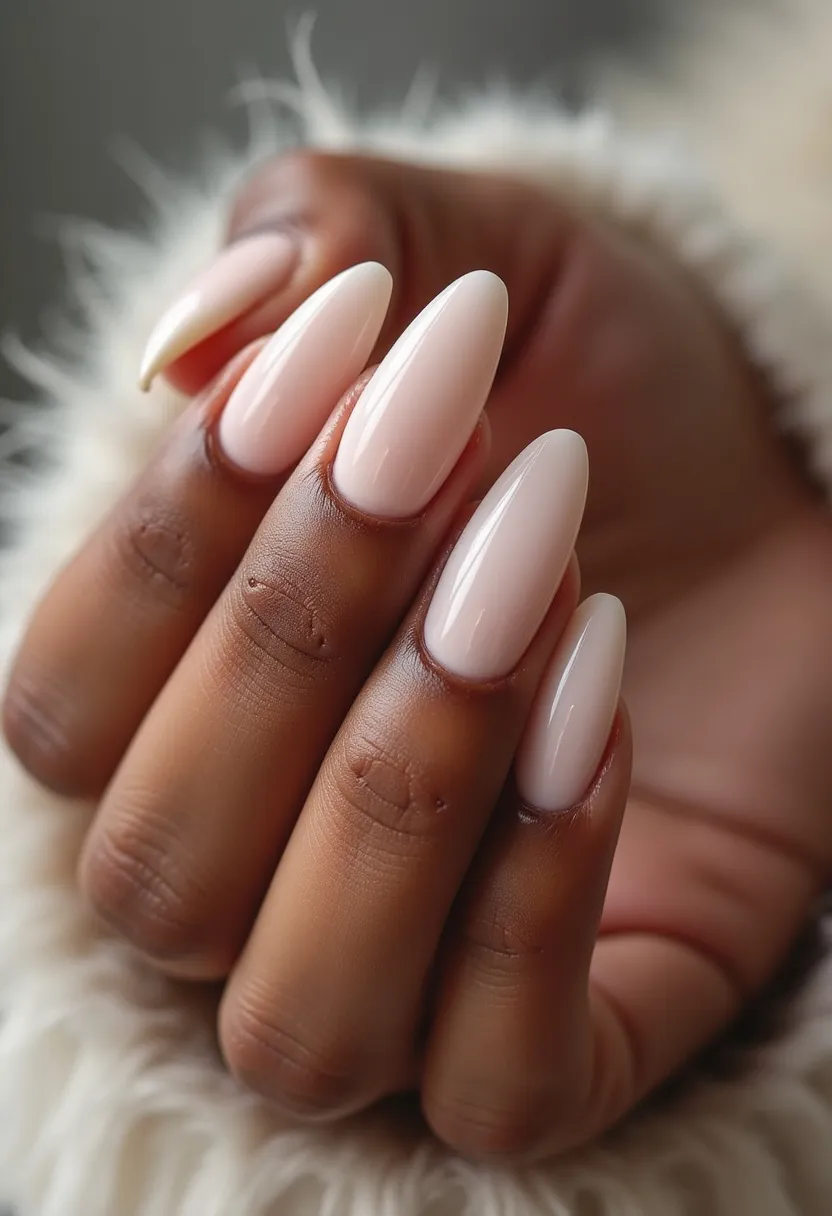 The nail design features a soft, pastel pink color palette that exudes elegance and simplicity. The nails are shaped into a long, almond form, providing a sophisticated and elongated appearance to the fingers. The nails exhibit a high-shine finish that suggests a gel or shellac treatment, indicating durability and a glossy effect. There are no additional intricate patterns or decorations, maintaining a minimalist and clean look. The overall design appears versatile and appropriate for various seasons and occasions, including weddings, formal events, or everyday wear. This understated yet refined style prioritizes a timeless aesthetic over intricate embellishments.