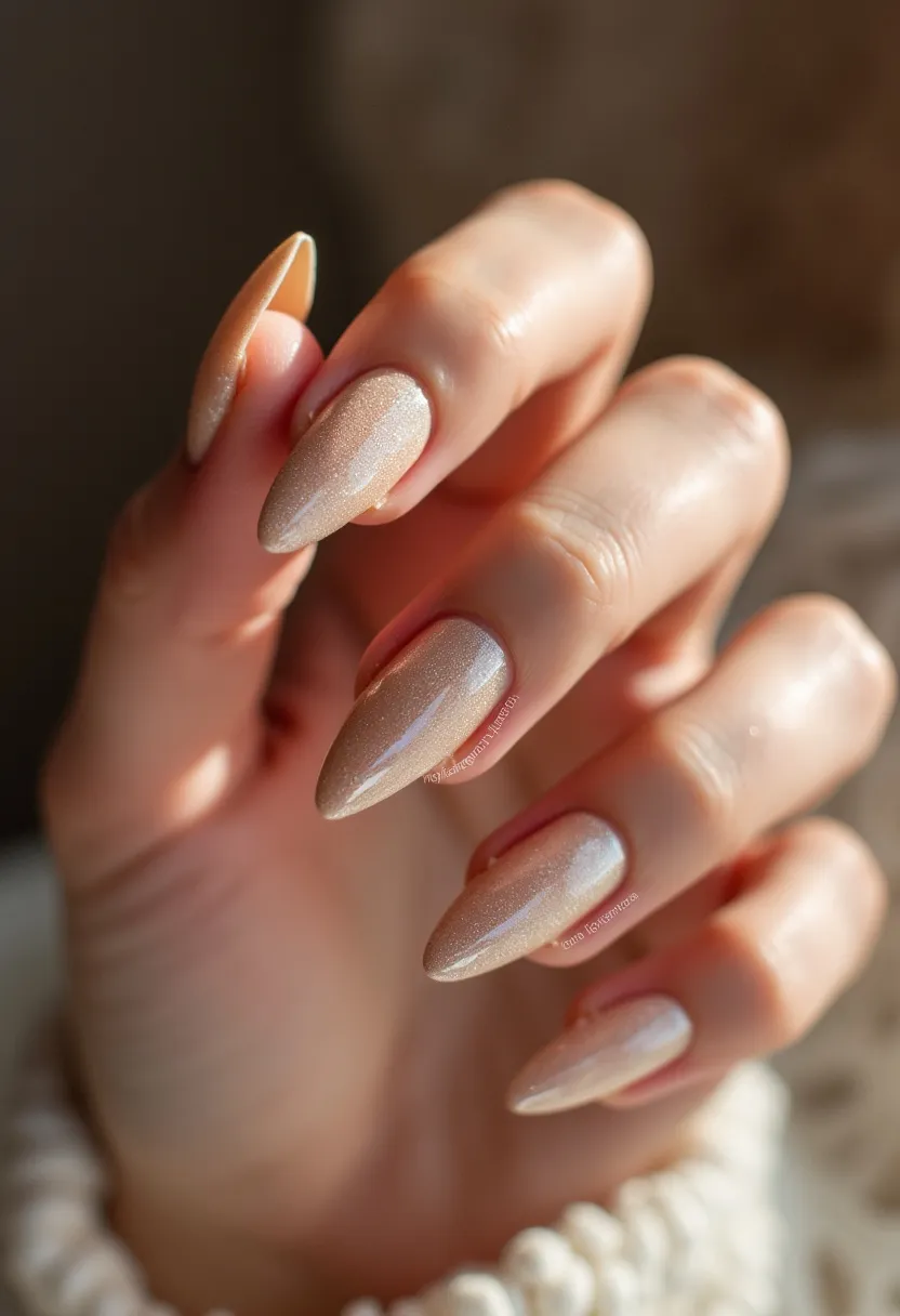 The nail design features a sophisticated and elegant color palette of shimmery, nude tones that exude a subtle glamour. The nails are shaped into a pointed almond form, adding a touch of drama and elongation to the fingers. This manicure appears to utilize a gel treatment, providing a glossy and durable finish. There are no intricate patterns or additional decorations, allowing the shimmering nude color to take center stage. The design is versatile and can be apt for a variety of occasions, ranging from everyday wear to special events, and is particularly suitable for a chic, understated winter look.