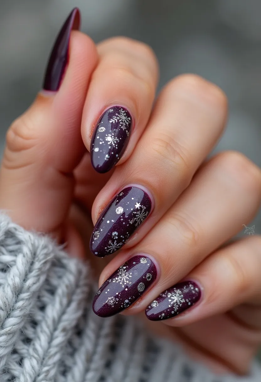 The nail design showcases a deep plum or burgundy color base, with the nails shaped in a fashionable almond style. This design features intricate patterns of white and silver snowflakes and shimmering dots, suggesting a winter or holiday theme. The nails are likely treated with gel polish, giving them a glossy and durable finish. The seasonal theme is further emphasized by the fine detailing of the snowflakes, making this design perfect for celebrating the winter holidays with a touch of elegance and festivity.