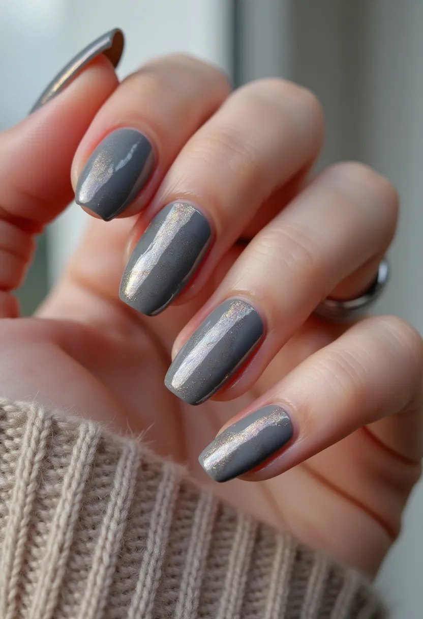 The nail design features a sophisticated color palette dominated by a sleek gray base, accentuated with subtle, iridescent shimmer effects that catch the light beautifully. The nails are medium-length and rounded square in shape, adding to the overall elegance of the design. The shimmering overlay is delicately applied, giving a refined and almost three-dimensional look, reflective of a high-gloss gel nail treatment. This style exudes a cool, modern vibe that is perfect for the fall or winter seasons, and would suit various special occasions due to its understated yet captivating appearance. The meticulous application and choice of colors create a chic, polished look that complements colder weather attire.